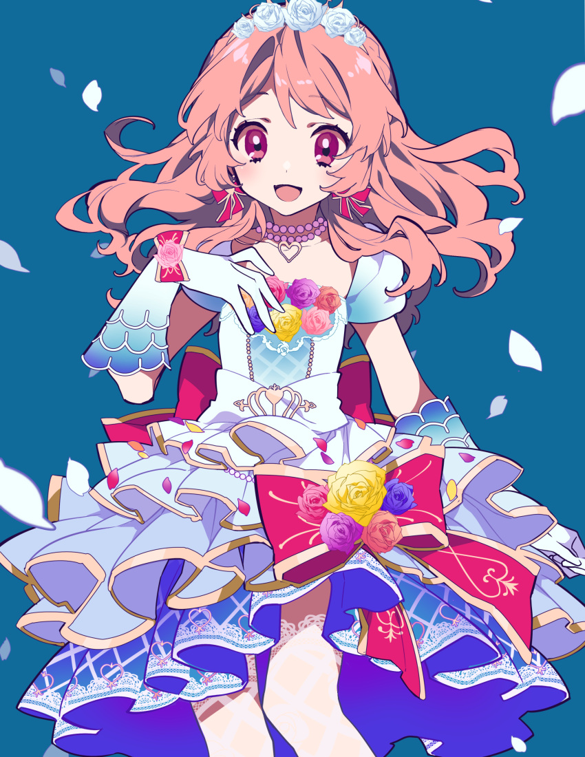 1girl :d absurdres aikatsu! aikatsu!_(series) arm_at_side blue_background blue_dress blue_flower blue_rose bow bow_earrings braid collarbone commentary crown dress earrings flower frills gloves head_wreath heart heart_necklace highres jewelry lace lace_legwear long_hair looking_at_viewer mochizuki_kei necklace oozora_akari open_mouth petals pink_bow pink_flower pink_hair pink_rose purple_flower purple_rose red_eyes rose rose_petals simple_background smile solo yellow_flower yellow_rose