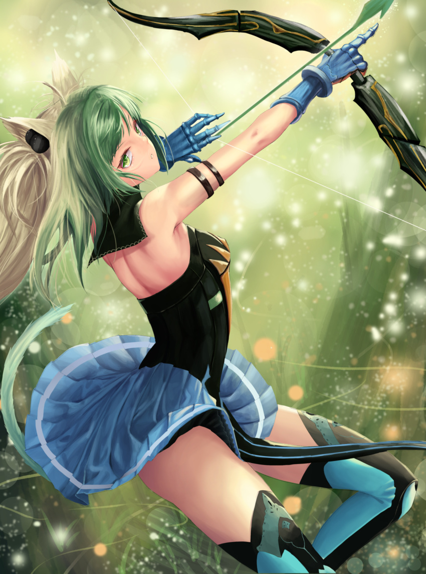 1girl absurdres ahoge animal_ears armlet atalanta_(fate) blonde_hair blue_skirt bow_(weapon) breasts cat_ears cat_tail choker fate/apocrypha fate_(series) floating_hair from_side gauntlets green_eyes green_hair hair_ornament head_tilt highres holding holding_bow_(weapon) holding_weapon index_finger_raised long_hair looking_at_viewer miniskirt multicolored_hair nekobell parted_lips pleated_skirt skirt sleeveless small_breasts solo strapless tail thigh-highs two-tone_hair weapon