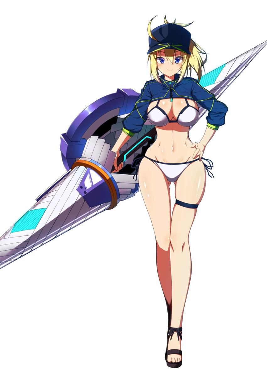 1girl ahoge artoria_pendragon_(all) baseball_cap bikini blonde_hair blue_eyes blush fate/grand_order fate_(series) hair_between_eyes hand_on_hip hat highres kawaruhi long_hair looking_at_viewer mysterious_heroine_xx_(foreigner) navel polearm ponytail rhongomyniad sandals shrug_(clothing) side-tie_bikini smile solo spear swimsuit thigh_strap weapon white_bikini