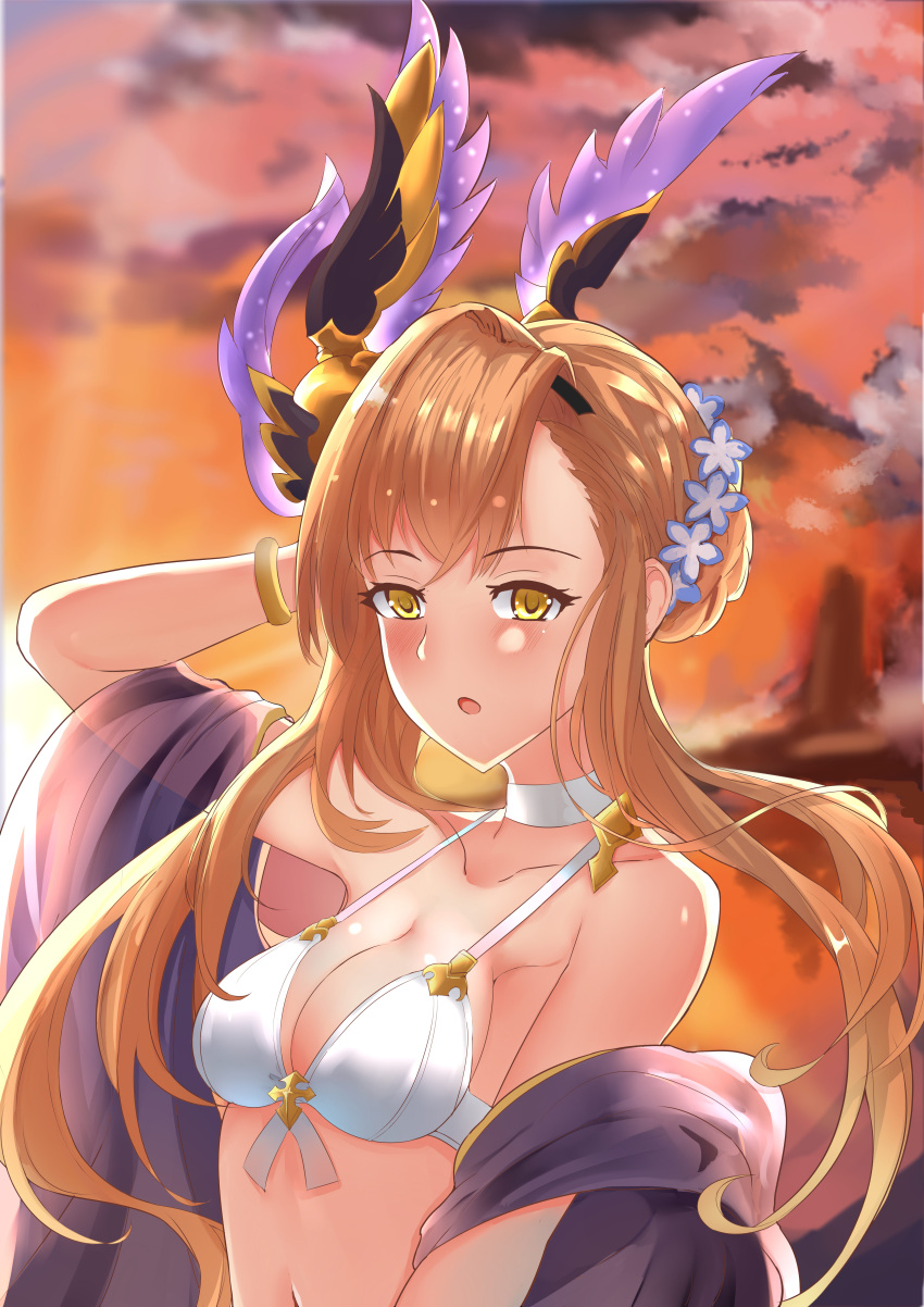 1girl absurdres arm_behind_head arm_up backlighting bangs bare_shoulders bikini blush bracelet braid breasts brown_eyes brown_hair choker cleavage collarbone flower french_braid granblue_fantasy hair_flower hair_ornament hairband head_wings highres hzhc jewelry long_hair looking_at_viewer medium_breasts navel open_mouth orange_hair sash sidelocks solo song_(granblue_fantasy) sunlight sunset swimsuit waist white_bikini