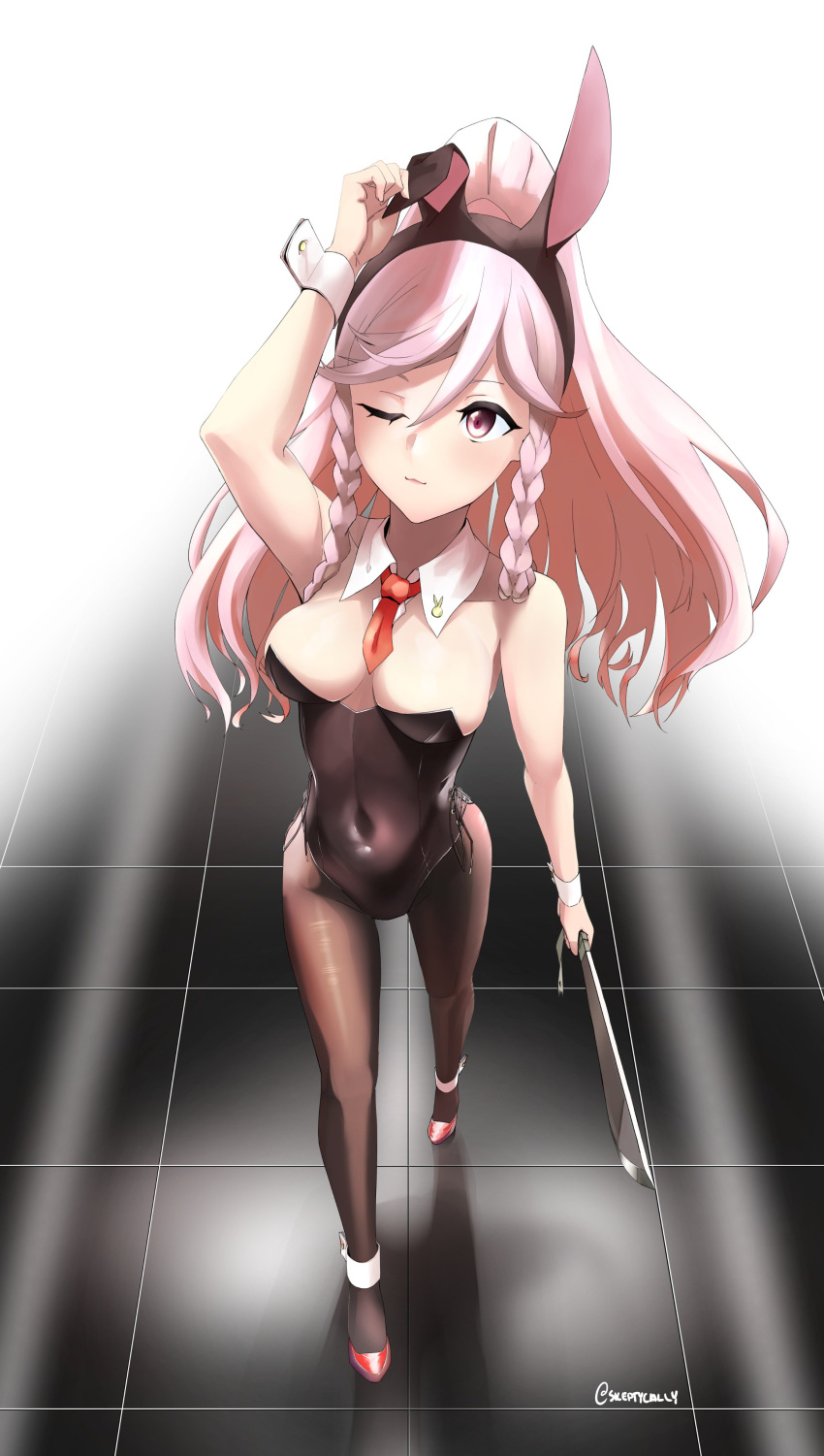 1girl absurdres animal_ears arm_up bare_shoulders black_leotard braid breasts bunnysuit closed_mouth covered_navel detached_collar fake_animal_ears fire_emblem fire_emblem:_kakusei full_body highres holding holding_sword holding_weapon leotard long_hair medium_breasts necktie nintendo olivia_(fire_emblem) one_eye_closed pantyhose pink_eyes pink_hair ponytail rabbit_ears sketchy solo standing strapless strapless_leotard sword twin_braids twitter_username weapon wrist_cuffs