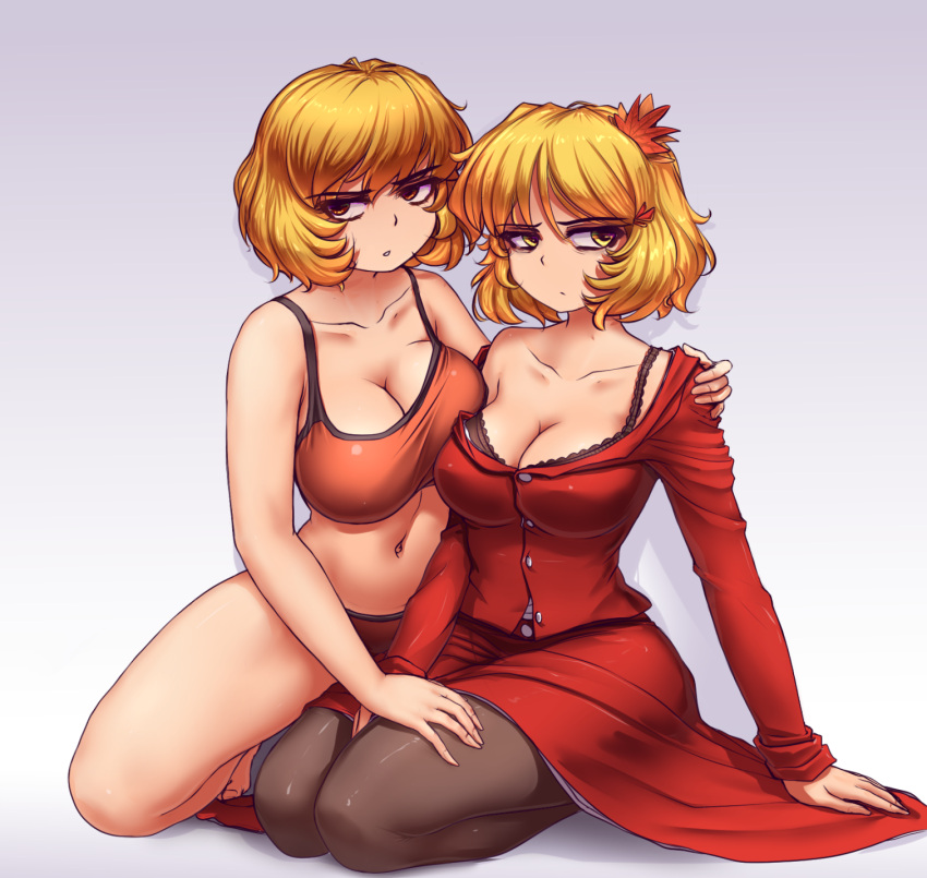 2girls aki_minoriko aki_shizuha bangs barefoot black_bra black_legwear blonde_hair bra breasts buttons cleavage collarbone commentary english_commentary eyebrows_visible_through_hair gradient gradient_background hair_ornament hater_(hatater) highres large_breasts leaf leaf_hair_ornament long_sleeves looking_at_viewer multiple_girls navel off_shoulder orange_bra orange_panties panties pantyhose red_eyes red_skirt seiza short_hair siblings simple_background sisters sitting skirt skirt_set touhou underwear underwear_only yellow_eyes