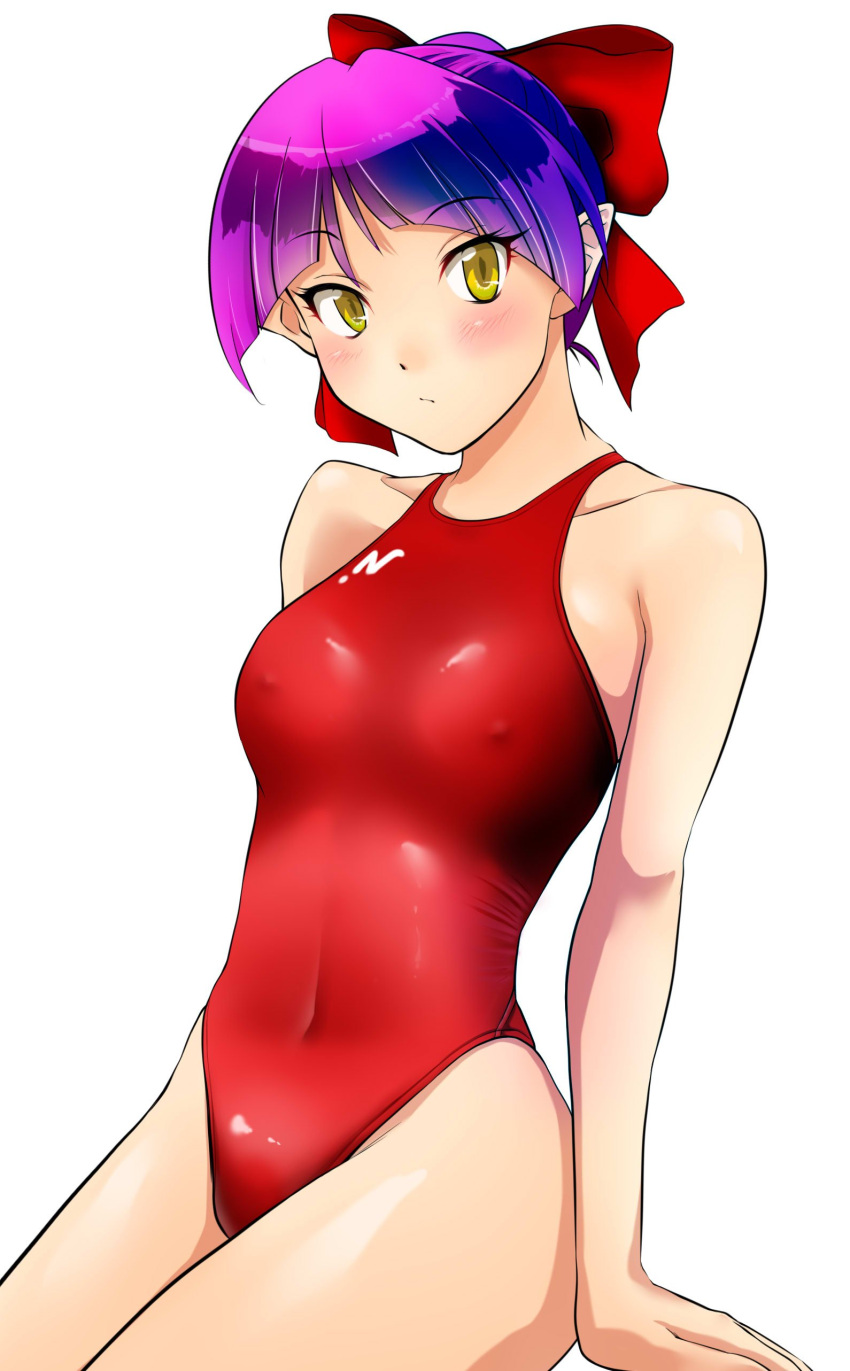 1girl absurdres bow commentary_request competition_swimsuit covered_navel covered_nipples cowboy_shot gegege_no_kitarou hair_bow highres nanao_futaba nekomusume nekomusume_(gegege_no_kitarou_6) one-piece_swimsuit pointy_ears purple_hair red_bow red_swimsuit shirt short_hair simple_background sitting solo swimsuit white_background white_shirt yellow_eyes