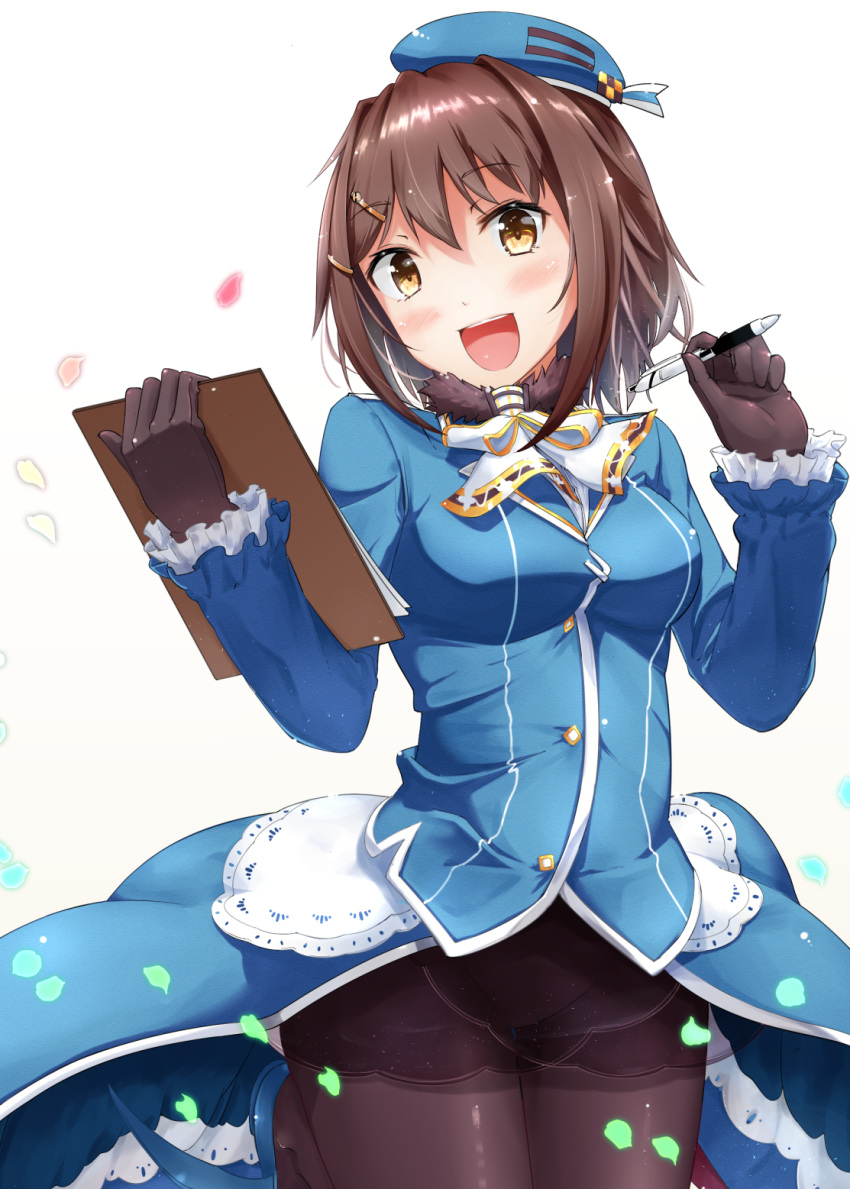 1girl atago_(kantai_collection) atago_(kantai_collection)_(cosplay) black_gloves black_legwear blush breasts brown_hair clipboard commentary_request cosplay furutaka_(kantai_collection) gloves hat highres holding jacket kantai_collection long_hair long_sleeves looking_at_viewer medium_breasts military military_uniform namae_hamada open_mouth pantyhose pen petals simple_background skirt smile solo uniform white_background yellow_eyes