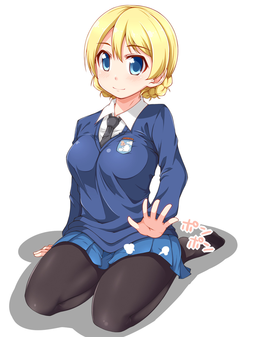 1girl =3 arm_support bangs black_legwear black_neckwear blonde_hair blue_eyes blue_skirt blue_sweater braid closed_mouth commentary darjeeling dou-t dress_shirt emblem eyebrows_visible_through_hair full_body girls_und_panzer highres long_sleeves looking_at_viewer miniskirt necktie no_shoes pantyhose patting_lap pleated_skirt school_uniform seiza shadow shirt short_hair simple_background sitting skirt smile solo st._gloriana's_(emblem) st._gloriana's_school_uniform sweater tied_hair twin_braids v-neck white_background white_shirt wing_collar