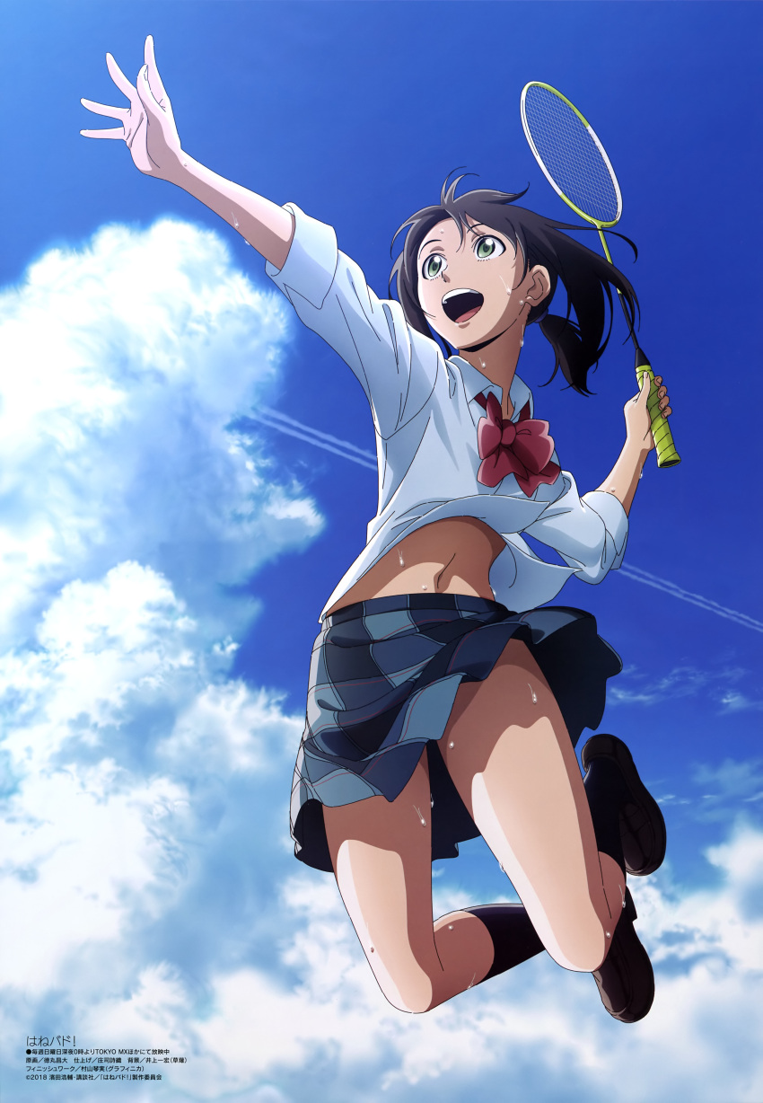 1girl :d absurdres airborne arms_up badminton_racket blue_sky bow bowtie brown_footwear brown_hair clouds cloudy_sky day green_eyes hanebado! hanesaki_ayano highres holding holding_racket loafers magazine_scan megami miniskirt navel navy_blue_legwear official_art open_hand open_mouth outdoors plaid plaid_skirt pleated_skirt racket red_neckwear round_teeth scan school_uniform shirt shoes short_ponytail skirt sky smile socks solo sweat teeth tokumaru_masahiro tongue white_shirt