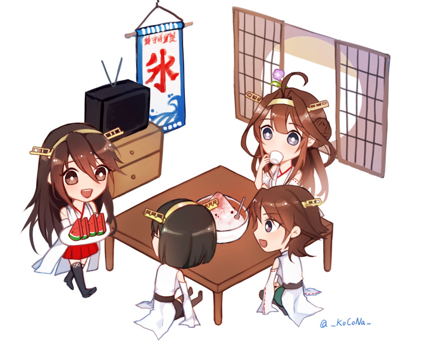 4girls ahoge chest_of_drawers chibi commentary_request cup double_bun food fruit hanging_scroll haruna_(kantai_collection) headgear hiei_(kantai_collection) highres ice_cream kantai_collection kirishima_(kantai_collection) kocona kongou_(kantai_collection) multiple_girls nontraditional_miko open_mouth scroll sliding_doors table teacup television twitter_username watermelon