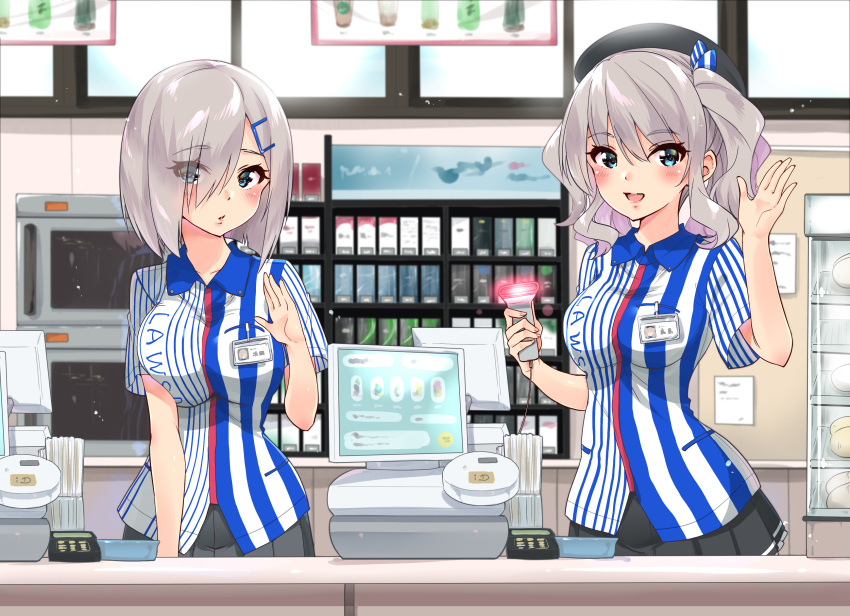 2girls absurdres alternate_costume barcode_scanner beret black_miniskirt blue_eyes blurry bow breasts buttons cash_register contemporary convenience_store cowboy_shot depth_of_field employee_uniform eyes_visible_through_hair food hair_bow hair_ornament hair_over_one_eye hairclip hamakaze_(kantai_collection) hat highres indoors kantai_collection kashima_(kantai_collection) large_breasts lawson lips long_hair long_sleeves looking_at_viewer miniskirt multiple_girls name_tag parted_lips pink_lips pleated_skirt sarfata shirt shop short_hair short_sleeves sidelocks silver_hair skirt storefront striped striped_shirt tsurime twintails uniform vertical-striped_shirt vertical_stripes wavy_hair