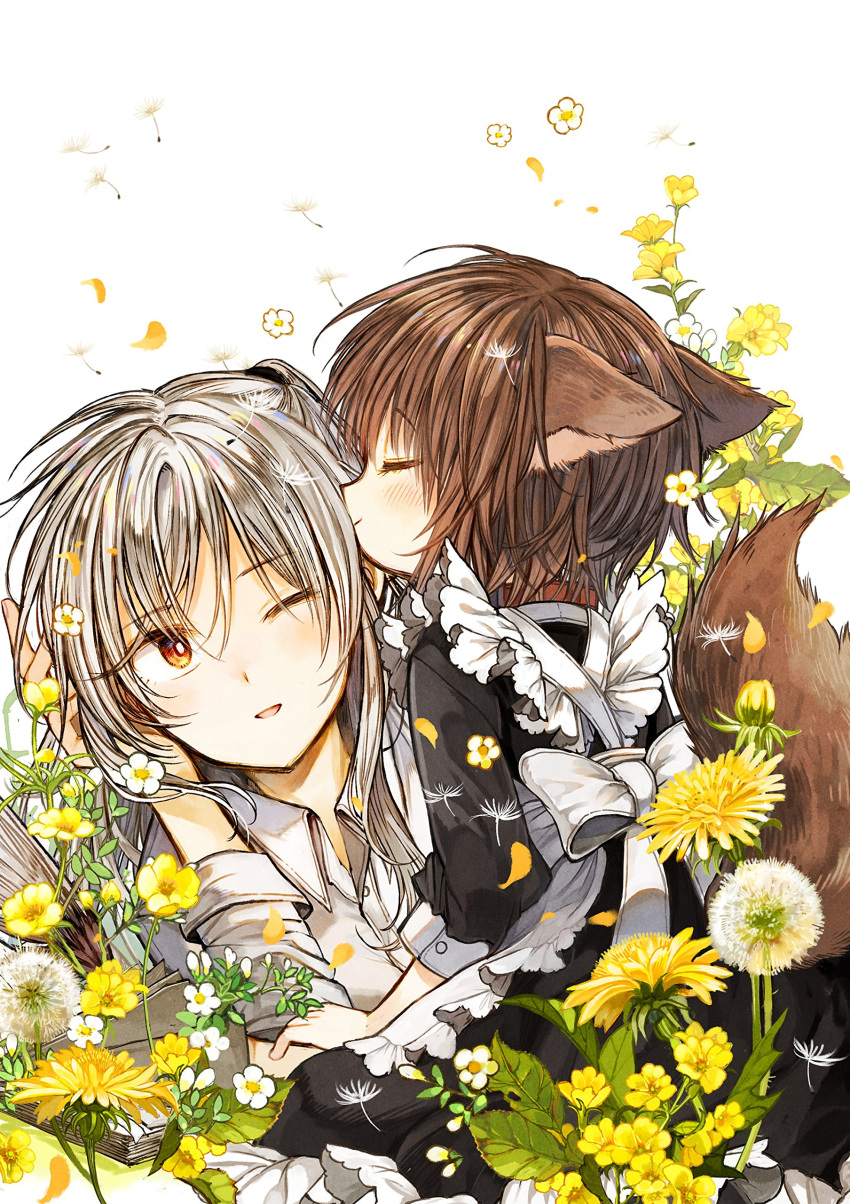 2girls ;d absurdres animal_ears apron bangs black_hair blush brown_hair closed_eyes closed_mouth dandelion dandelion_seed eyebrows_visible_through_hair flower frilled_apron frills from_side goshujin-sama_to_kemonomimi_no_shoujo_meru head_kiss highres itou_hachi kiss long_hair long_sleeves looking_at_another maid maid_apron mel_(goshujin-sama_to_kemonomimi_no_shoujo_meru) multiple_girls official_art one_eye_closed open_mouth petals profile red_eyes shirt short_hair silver_hair smile tail white_apron white_background white_shirt wing_collar yellow_flower yuri