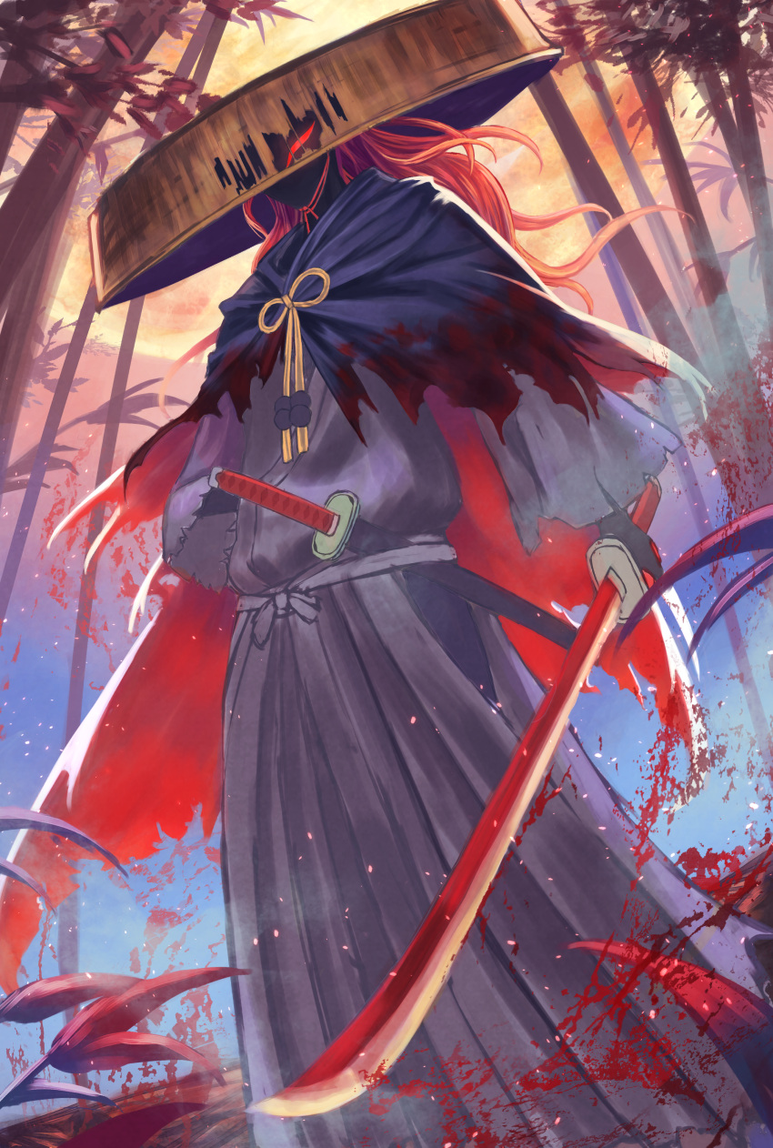 1boy absurdres black_gloves black_kimono character_request fate/grand_order fate_(series) floating_hair forest from_below gloves hat hayataku1234 highres holding holding_sword holding_weapon japanese_clothes katana kimono long_hair looking_at_viewer male_focus moon nature red_eyes redhead sheath sheathed solo standing sun_hat sword weapon