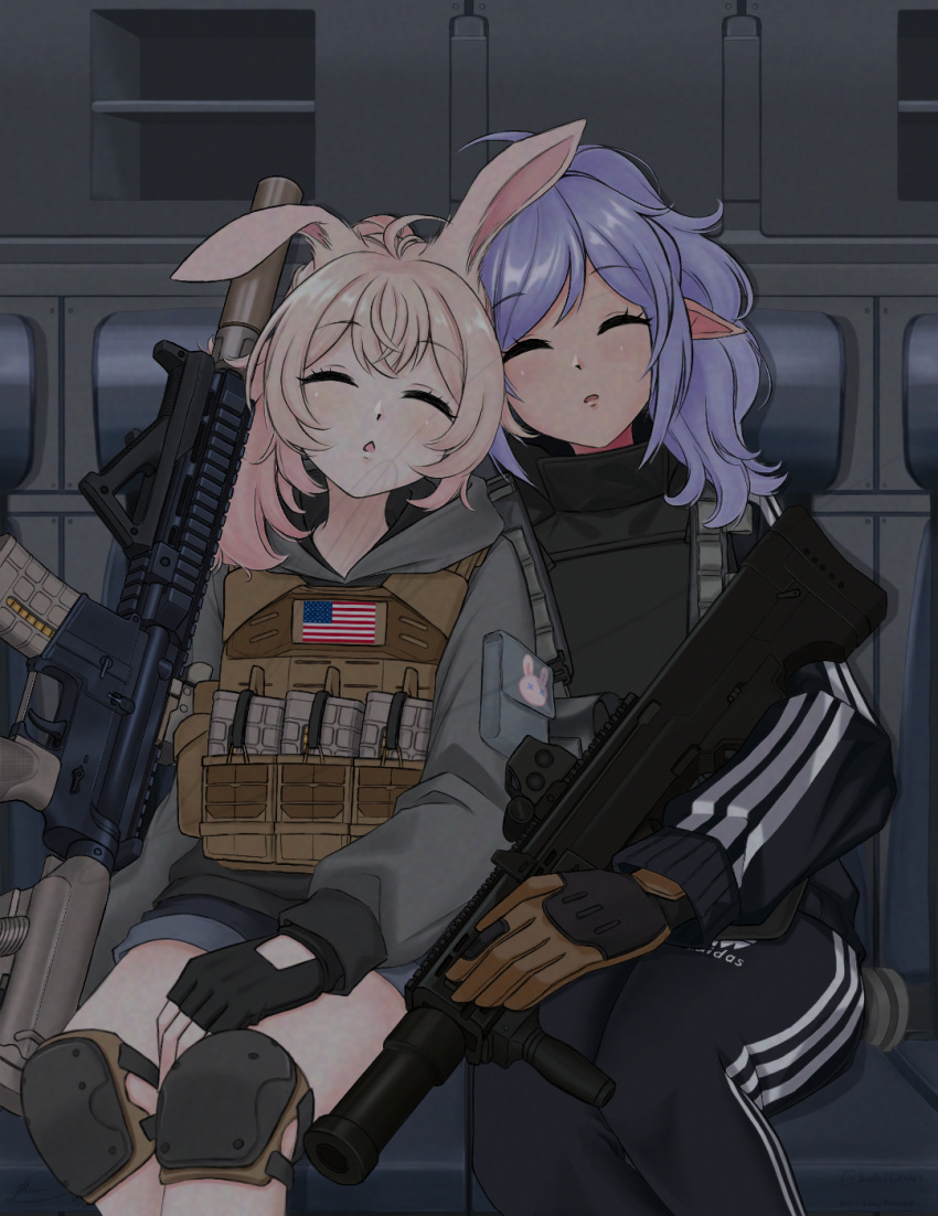 2girls ahoge american_flag animal_ears assault_rifle blush closed_eyes english_commentary fingerless_gloves gloves gun highres hood hoodie indie_virtual_youtuber lazy_revenant leaning_on_person long_hair long_sleeves m4_carbine magazine_(weapon) multiple_girls open_mouth phase_connect pink_hair pipkin_pippa plate_carrier pointy_ears purple_hair rabbit_ears rabbit_girl rifle sleeping sleepy_project tar-21 virtual_youtuber weapon