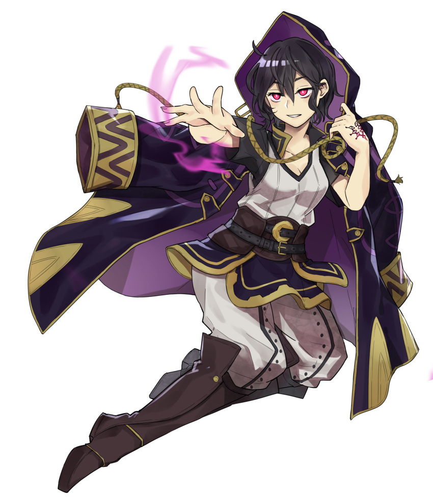 1girl absurdres belt black_hair boots commission ebinku fire_emblem fire_emblem:_kakusei highres hood hood_up knee_boots mark_(female)_(fire_emblem) mark_(fire_emblem) nintendo open_clothes open_robe parted_lips red_eyes robe short_hair short_sleeves simple_background solo white_background