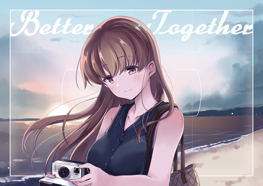 1girl alternate_costume bag beach blush breasts brown_hair camera closed_mouth clouds comic eyebrows_visible_through_hair hair_between_eyes highres jewelry kantai_collection large_breasts long_hair ocean ooi_(kantai_collection) red_eyes ring smile solo soramuko sunset wedding_ring