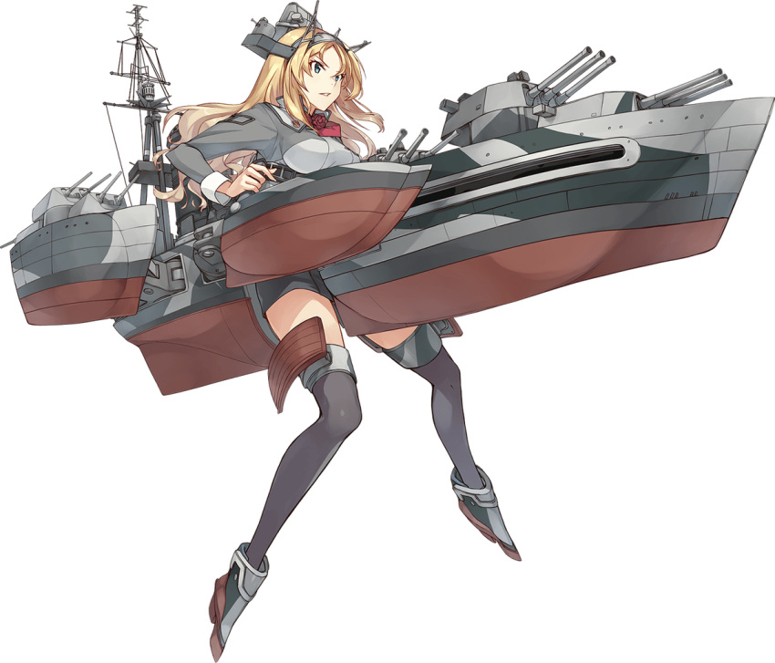 1girl blonde_hair blue_eyes breasts flower headgear kantai_collection konishi_(koconatu) long_hair machinery military military_uniform nelson_(kantai_collection) official_art red_flower red_rose rose thigh-highs transparent_background turret uniform weapon