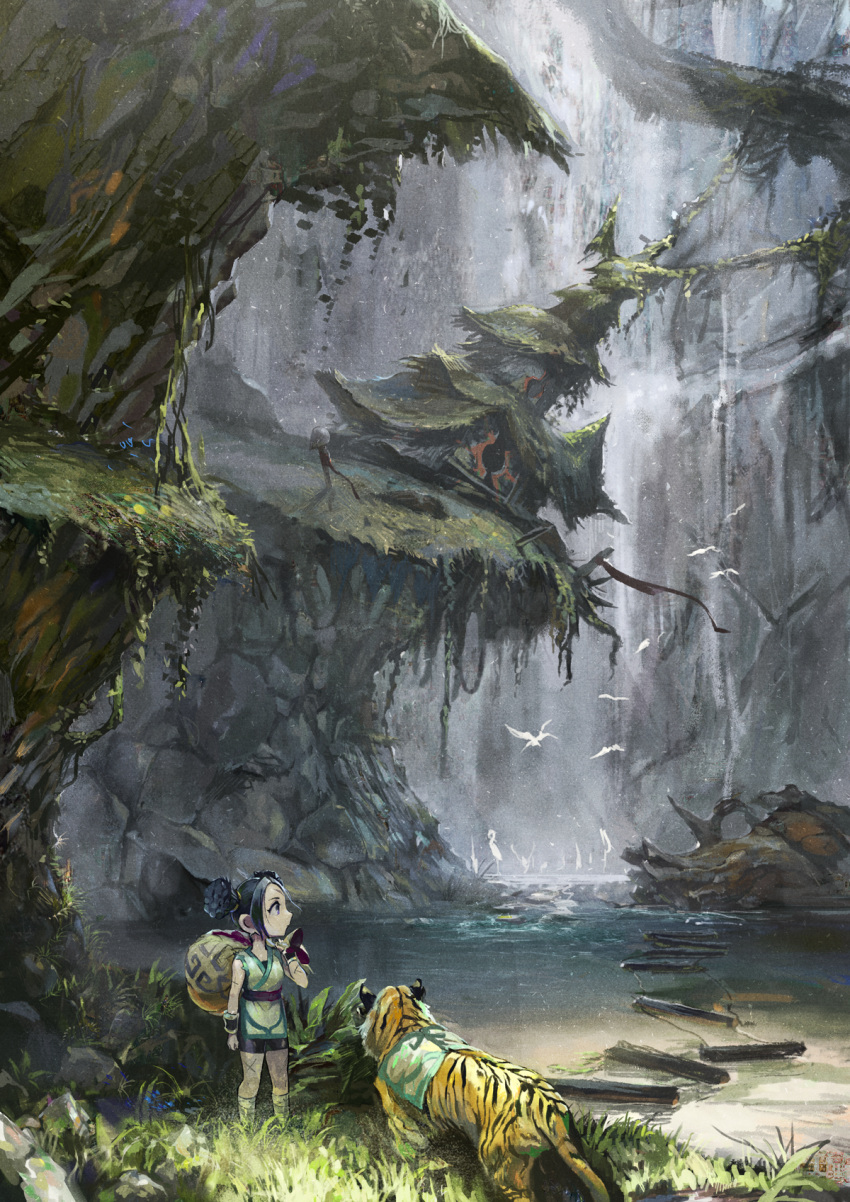 1girl backpack bag bayashiko bird black_eyes black_hair commentary_request day double_bun grass highres nature original outdoors pagoda river ruins scenery standing tiger watch watch water waterfall