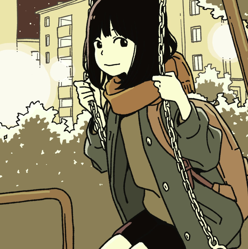 1girl apartment backpack bag black_hair black_shorts brown_scarf brown_shirt building bush closed_mouth commentary_request flat_color green_coat highres holding_chain hosoo long_hair looking_at_phone looking_at_viewer monochrome night night_sky original outdoors phone scarf shirt shirt_under_coat shorts sitting sky solo star_(sky) starry_sky swing