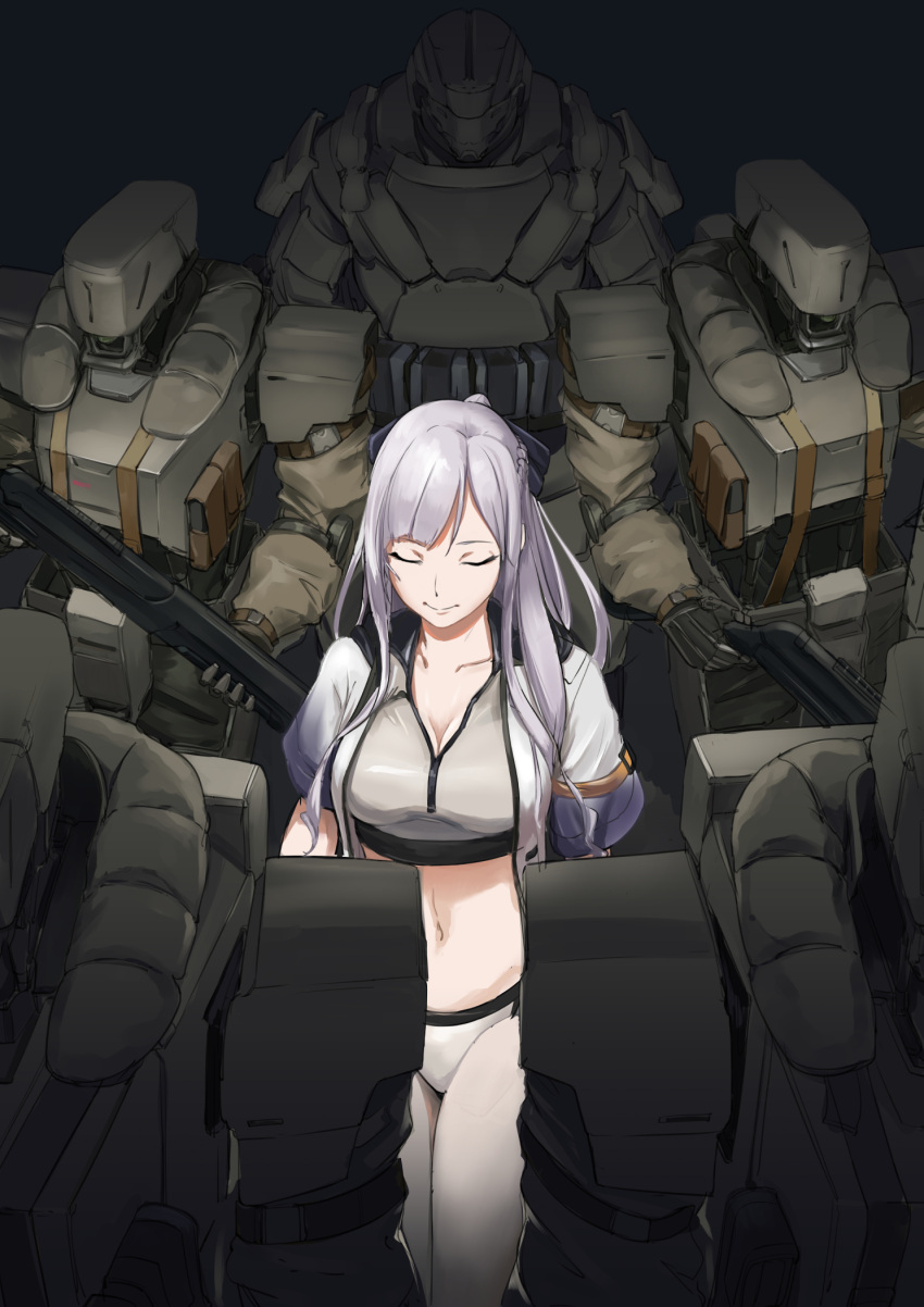 1girl ak-12_(girls_frontline) bangs black_bow bow braid breasts cleavage closed_eyes closed_mouth french_braid girls_frontline hair_bow highres jacket long_hair medium_breasts navel open_clothes open_jacket ponytail robot sanderson silver_hair sports_bikini weapon