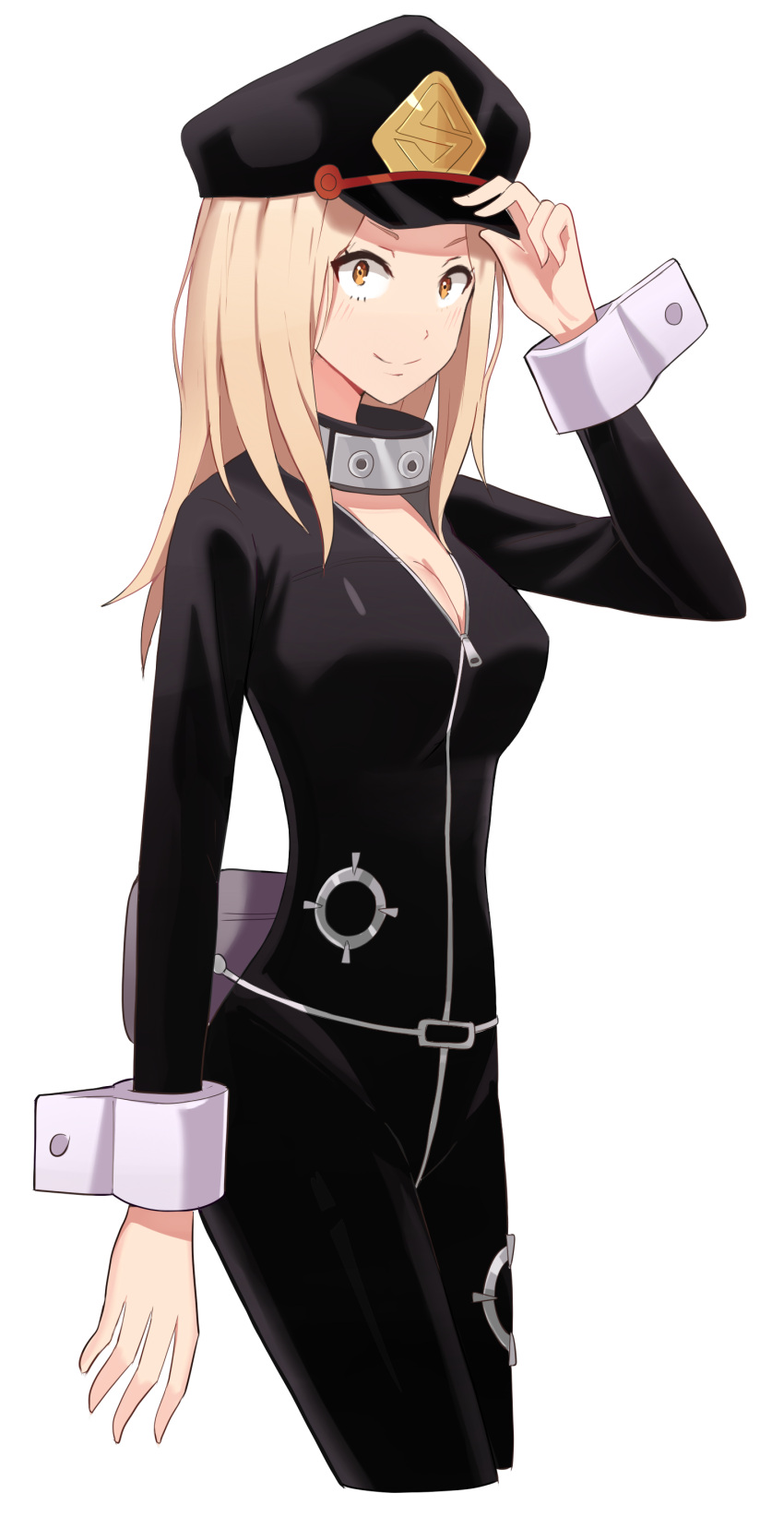 1girl absurdres black_bodysuit black_hat blonde_hair bodysuit boku_no_hero_academia breasts brown_eyes cleavage cropped_legs hat highres kenkaizar large_breasts long_hair looking_at_viewer partially_unzipped simple_background smile solo standing utsushimi_kemii white_background