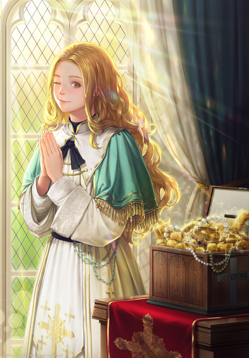 1girl ;) aqua_capelet black_neckwear blonde_hair bracelet_removed brown_eyes capelet character_request coin curtains dress fantasy glint gold gold_bar gold_trim hands_together hands_up highres indoors jdori jewelry long_hair looking_at_viewer necklace offering official_art one_eye_closed pearl_necklace smile standing sunlight tamsig-ui_jaelim treasure_chest very_long_hair watermark wavy_hair white_dress window