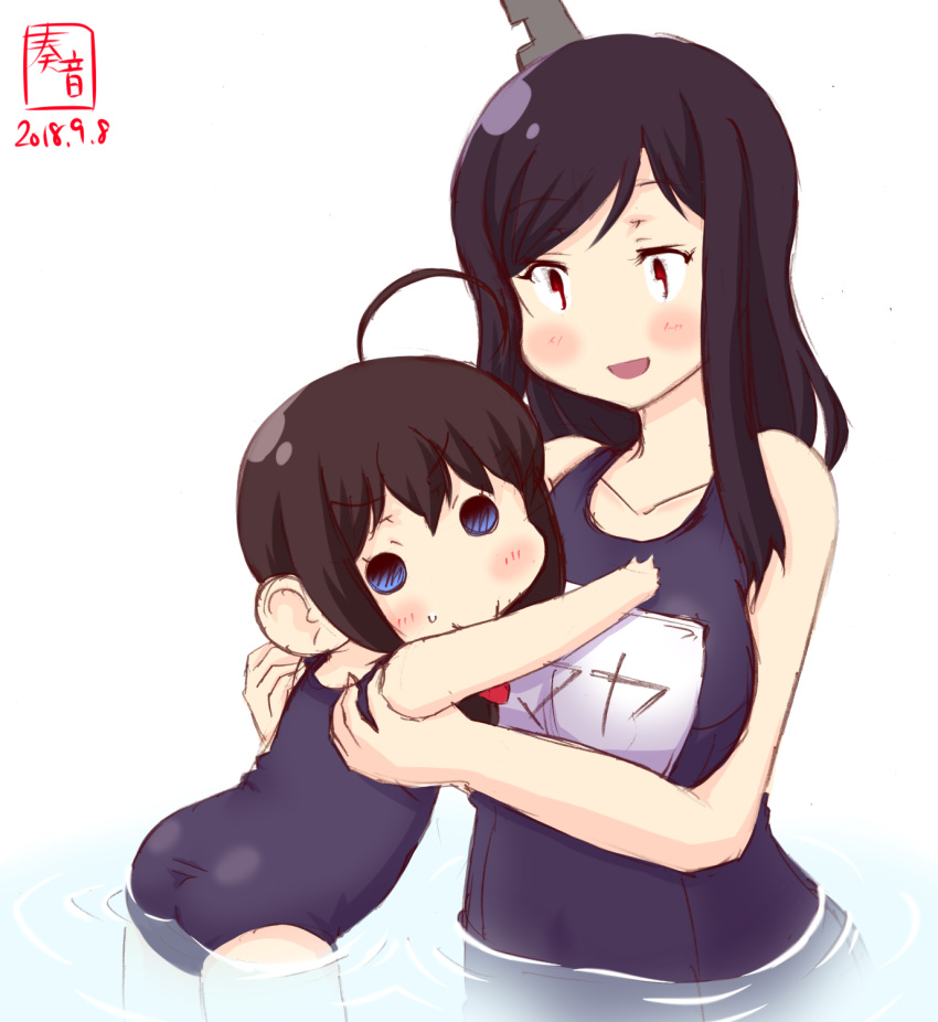 2girls age_difference artist_logo ass black_hair blue_eyes blue_swimsuit blush braid breasts brown_hair collarbone dated eyebrows_visible_through_hair graphite_(medium) hair_flaps hair_ornament hair_over_shoulder hair_ribbon headgear highres kanon_(kurogane_knights) kantai_collection large_breasts long_hair multiple_girls one-piece_swimsuit open_mouth red_eyes ribbon scared school_swimsuit shigure_(kantai_collection) short_hair simple_background single_braid swimsuit traditional_media white_background yamashiro_(kantai_collection) younger