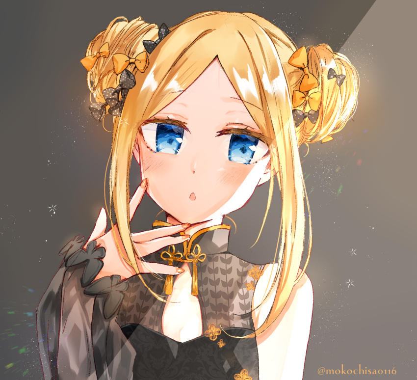 1girl :o abigail_williams_(fate/grand_order) bangs bare_shoulders black_bow black_dress blonde_hair blue_eyes blush bow bug butterfly commentary_request detached_sleeves double_bun dress emerald_float eyebrows_visible_through_hair fate/grand_order fate_(series) fingernails forehead grey_background hair_bow highres insect long_hair looking_at_viewer moko_(3886397) orange_bow parted_bangs parted_lips polka_dot polka_dot_bow see-through_sleeves side_bun sidelocks sleeveless sleeveless_dress solo twitter_username