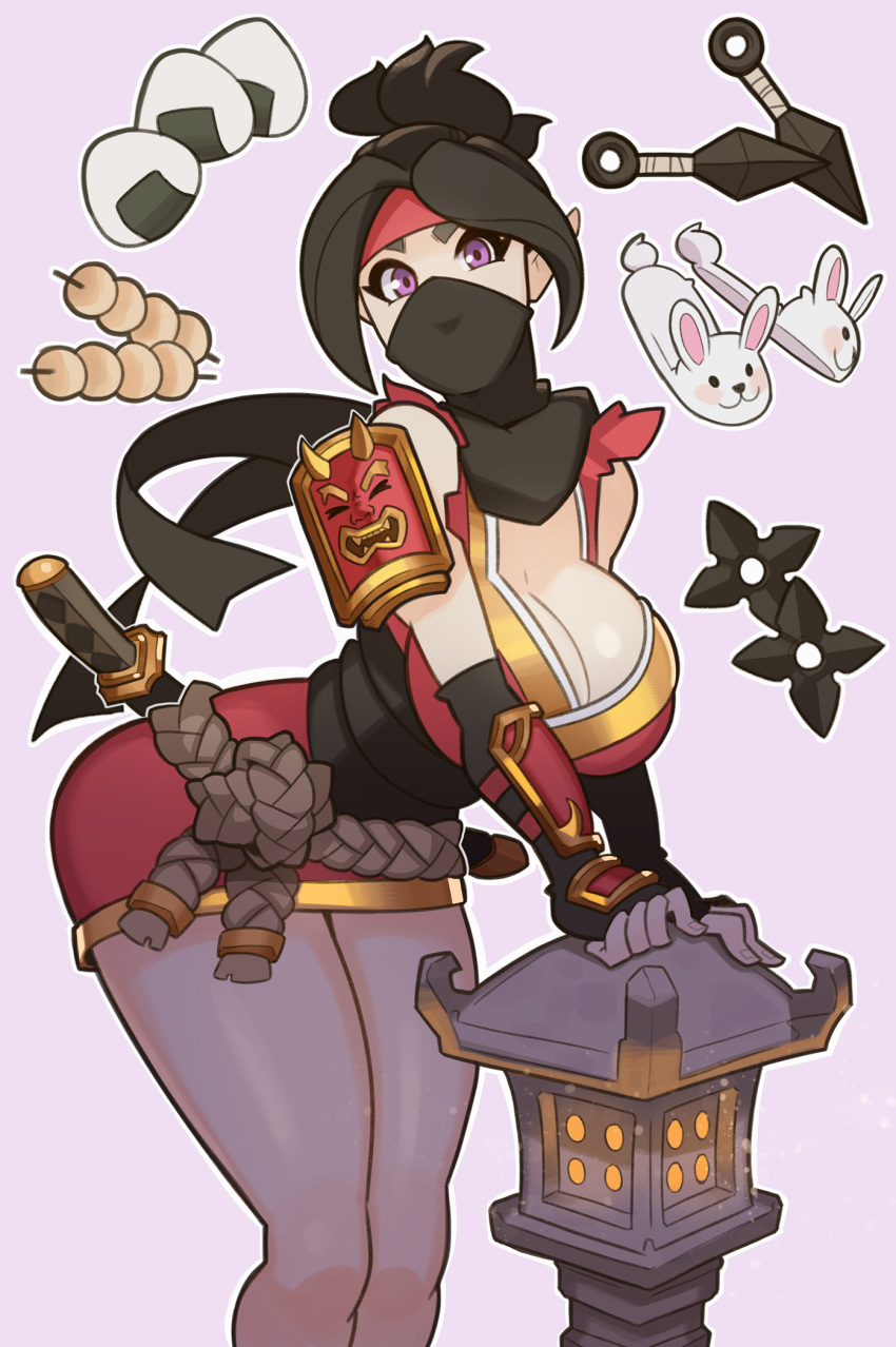 1girl animal_slippers armor bodysuit breasts bunny_slippers cleavage dango food forehead_protector gloves headband highres japanese_clothes katana kimono kunai mask ninja onigiri paladins pantyhose pelvic_curtain ponytail scarf short_kimono short_sword shuriken skye_(paladins) splashbrush sword violet_eyes wagashi weapon