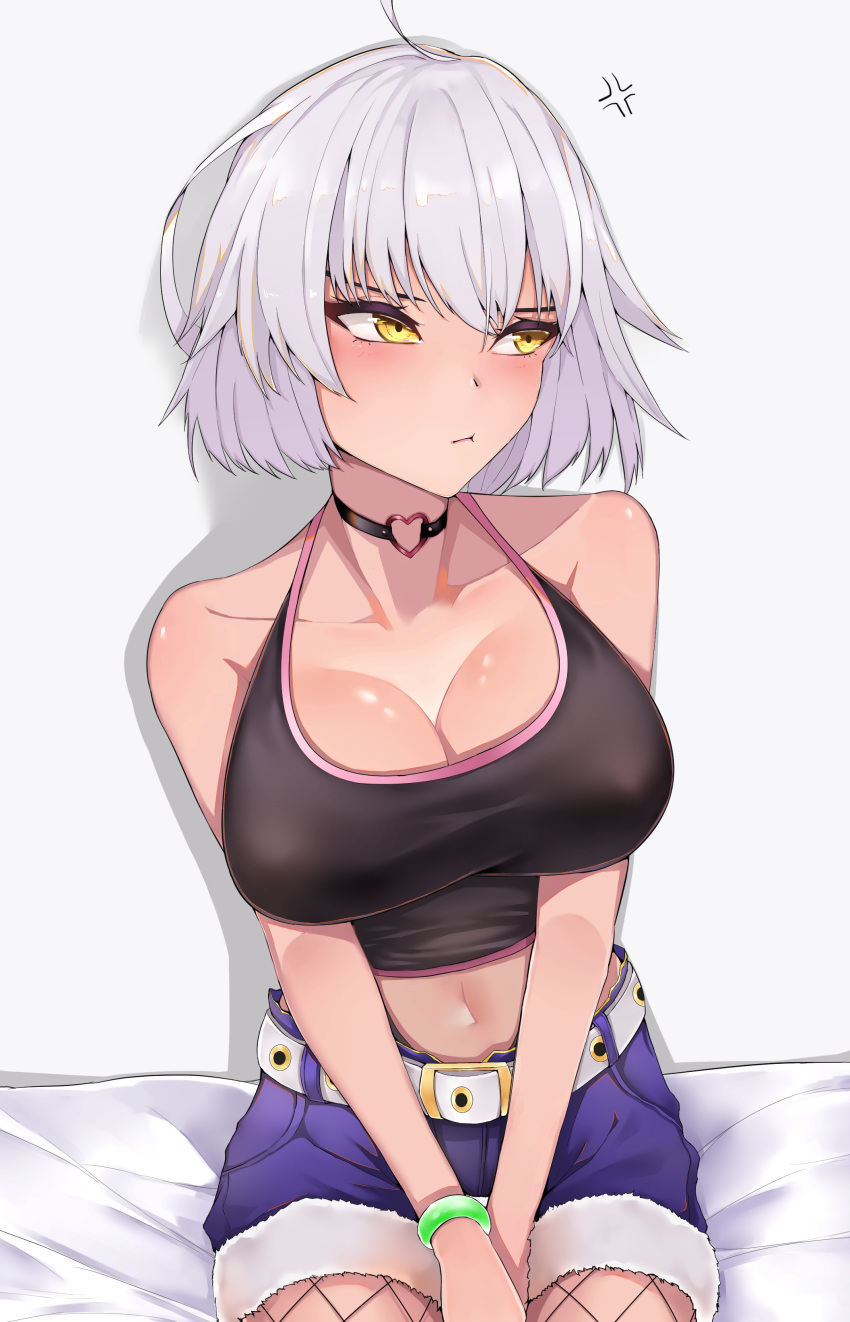 1girl absurdres anger_vein bangs bare_shoulders bed belt blue_background blush bracelet breasts choker cleavage closed_mouth crop_top cutoffs fate/apocrypha fate/grand_order fate_(series) fishnet_pantyhose fishnets flush hair_between_eyes highres jeanne_d'arc_(alter)_(fate) jeanne_d'arc_(fate)_(all) jewelry large_breasts mutsu_ane_daisuki navel on_bed pantyhose short_hair silver_hair simple_background sitting sitting_on_bed solo yellow_eyes