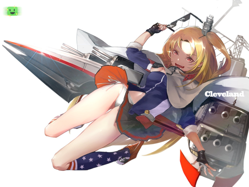 1girl arm_up azur_lane bangs black_gloves blonde_hair blush breasts cannon capelet character_name cleveland_(azur_lane) deal_with_it eyebrows_visible_through_hair eyewear_removed fingerless_gloves gloves groin hair_between_eyes hair_ornament highres holding holding_eyewear jumping kneehighs long_hair machinery navel one_side_up open_mouth panties parted_bangs pleated_skirt ponytail red_eyes rigging rudder_shoes shirt side-tie_panties sidelocks simple_background skirt small_breasts smile solo star star_print thighs turret underwear very_long_hair white_background white_panties