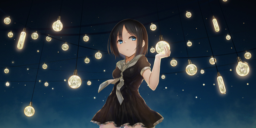 1girl absurdres akky_(akimi1127) backlighting bangs black_dress black_hair black_skin blue_eyes blue_sky blush breasts closed_mouth commentary_request dress eyebrows_visible_through_hair frilled_dress frills gradient_sky grey_neckwear hand_up highres holding light_bulb medium_breasts night night_sky original pleated_dress puffy_short_sleeves puffy_sleeves short_hair short_sleeves sky solo star_(sky) starry_sky