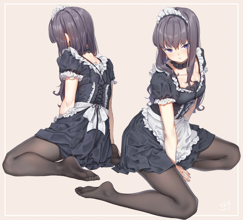 1girl apron arm_at_side bangs between_legs black_dress black_hair black_legwear blush breasts cleavage closed_mouth collarbone commentary_request corset cross-laced_clothes dress earrings fangxiang_cuoluan frilled_apron frilled_sleeves frills from_behind full_body grey_background hand_between_legs highres jewelry legs long_hair looking_at_viewer maid maid_apron maid_headdress medium_breasts multiple_views neck_garter no_shoes original pantyhose puffy_short_sleeves puffy_sleeves ribbon shiny shiny_hair short_sleeves simple_background sitting soles toes violet_eyes waist_apron white_apron white_ribbon