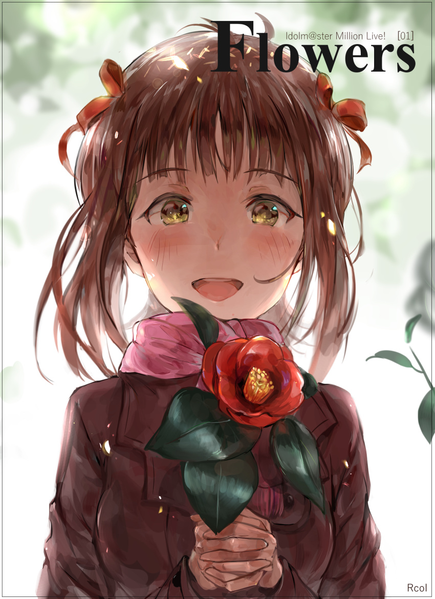 1girl :d amami_haruka blush brown_coat brown_hair chan1moon coat copyright_name eyebrows_visible_through_hair flower hair_ribbon highres holding holding_flower idolmaster idolmaster_million_live! looking_at_viewer open_mouth pink_scarf red_flower red_ribbon ribbon scarf short_hair_with_long_locks sidelocks smile solo upper_body yellow_eyes