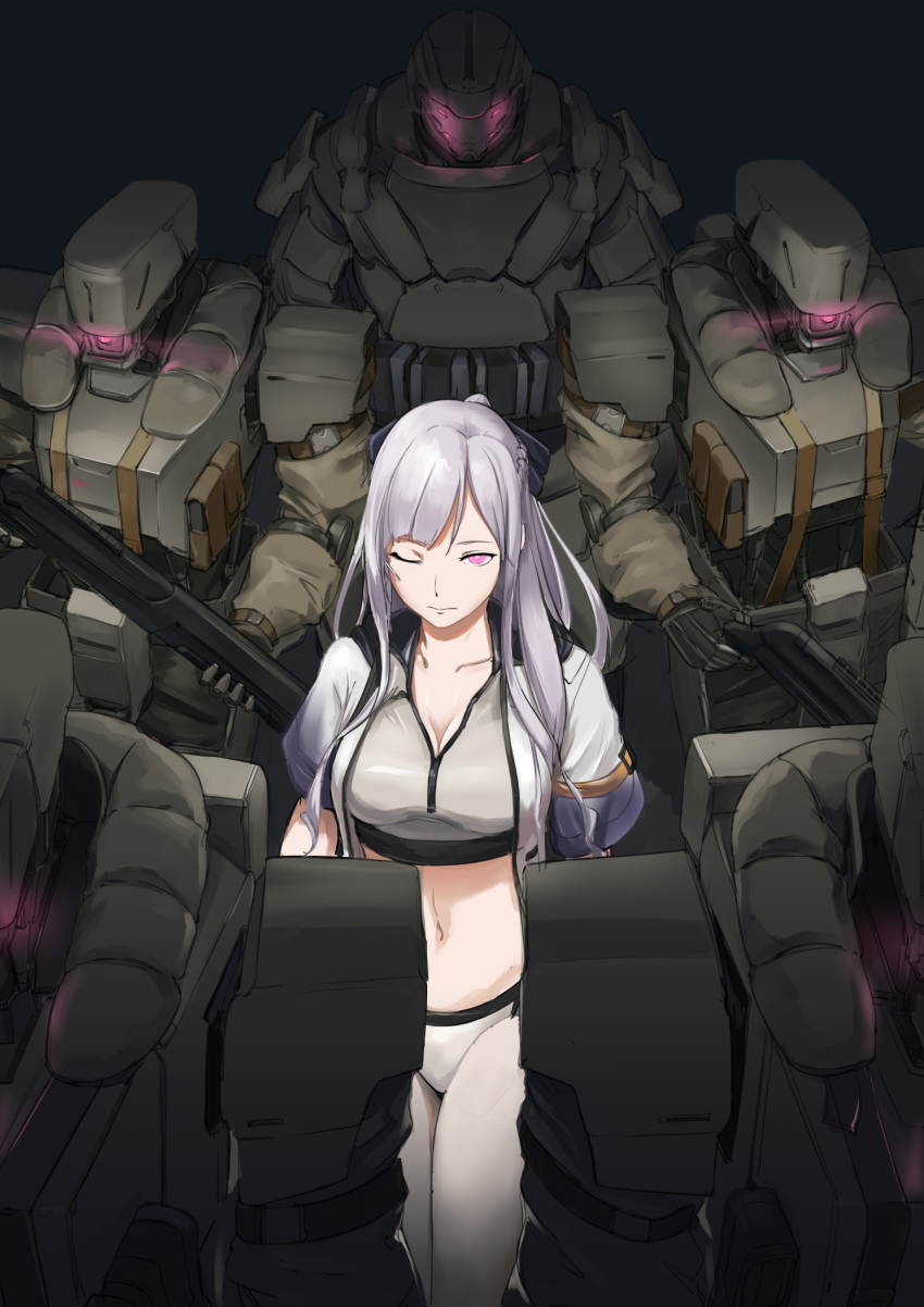 1girl ak-12_(girls_frontline) bangs black_bow bow braid breasts cleavage closed_mouth french_braid girls_frontline glowing glowing_eye hair_bow highres jacket long_hair medium_breasts navel one_eye_closed open_clothes open_jacket pink_eyes ponytail robot sanderson silver_hair sports_bikini weapon