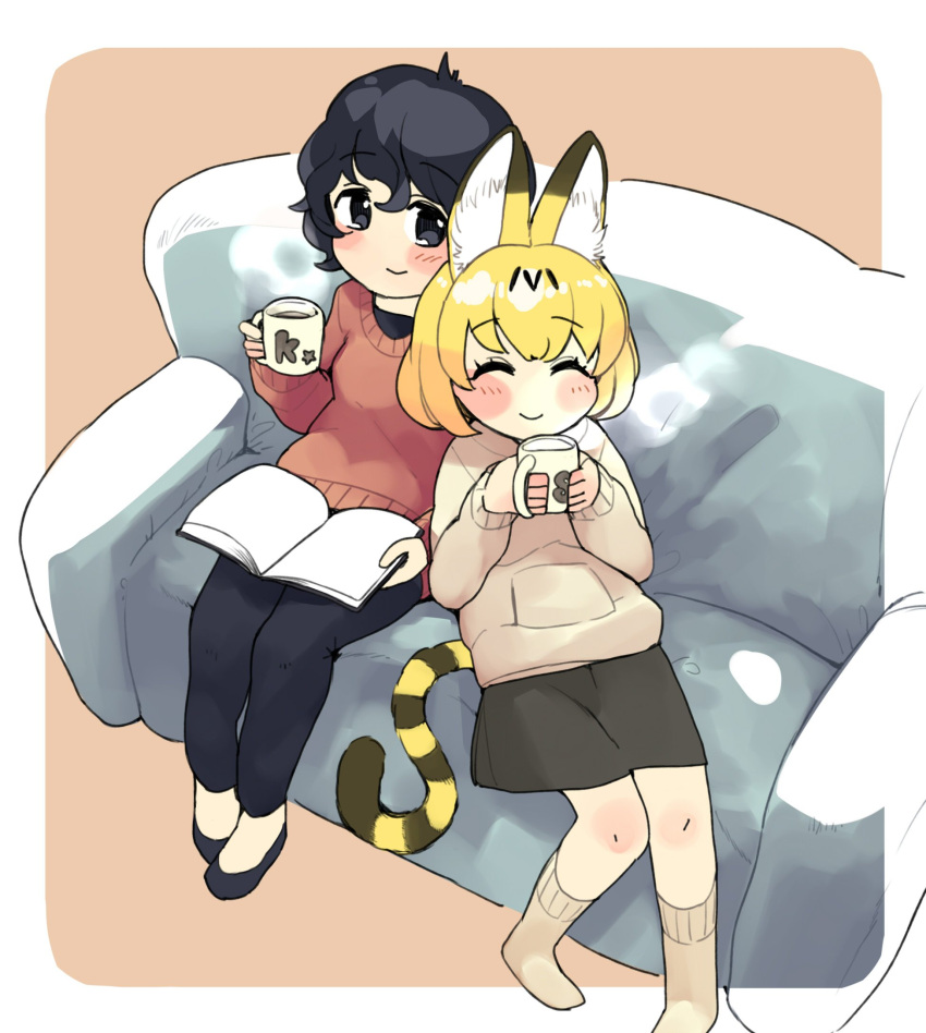 2girls alternate_costume animal_ears black_hair blonde_hair blue_eyes blush book casual closed_eyes commentary_request contemporary couch cuddling cup eyebrows_visible_through_hair flats highres holding holding_cup hood hoodie initsukkii kaban_(kemono_friends) kemono_friends long_sleeves mug multicolored_hair multiple_girls pants serval_(kemono_friends) serval_ears serval_print serval_tail short_hair sitting skirt smile socks sweater tail