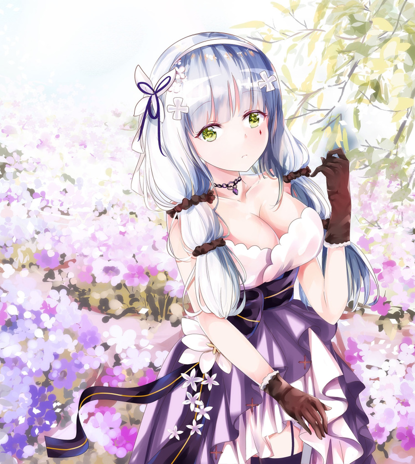 1girl bangs black_scrunchie blush breasts brown_gloves butterfly_hair_ornament cleavage closed_mouth dress eyebrows_visible_through_hair facial_mark flower garter_straps girls_frontline gloves green_eyes hair_flower hair_ornament hair_ribbon hair_scrunchie hairband hand_up highres hk416_(girls_frontline) large_breasts long_hair looking_at_viewer mutang purple_dress purple_flower purple_legwear purple_ribbon ribbon scrunchie silver_hair solo thigh-highs white_flower white_hairband