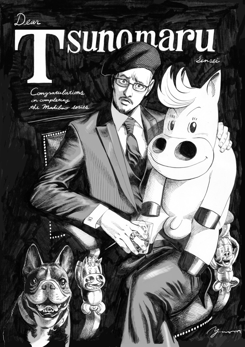 1boy absurdres beret chair commentary_request dog drink english facial_hair formal frown glass glasses goatee greyscale hat hatching_(texture) highres horse ice jewelry legs_crossed male_focus midori_makibaoo midori_no_makibaoo monochrome murata_yuusuke mustache necktie parted_lips real_life ring signature sitting solo suit traditional_media tsunomaru_(character)