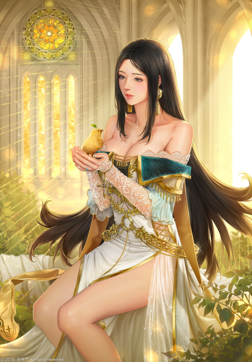 1girl arch bare_shoulders bird bird_on_hand black_eyes black_hair breasts character_request cleavage collarbone cross dress earrings eye_contact fantasy glint highres indoors jdori jewelry light_rays long_hair looking_at_another medium_breasts o-ring official_art parted_lips plant ring see-through sidelocks silk sitting solo stained_glass sunbeam sunlight tamsig-ui_jaelim very_long_hair watermark white_dress