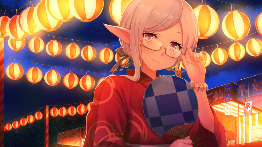 1girl absurdres black_bow bow brown-framed_eyewear character_name closed_mouth clouds commentary_request dacchi fan glasses hair_bow hands_up highres holding holding_fan huge_filesize japanese_clothes kimono lantern long_hair night night_sky paper_fan paper_lantern pointy_ears red_eyes red_kimono semi-rimless_eyewear sidelocks silver_hair sky smile solo stall star_(sky) starry_sky summer_festival teria_saga uchiwa under-rim_eyewear wide_sleeves