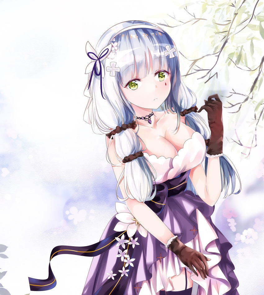 1girl bangs black_scrunchie blush breasts brown_gloves butterfly_hair_ornament cleavage closed_mouth commentary dress eyebrows_visible_through_hair facial_mark flower garter_straps girls_frontline gloves green_eyes hair_flower hair_ornament hair_ribbon hair_scrunchie hairband hand_up highres hk416_(girls_frontline) large_breasts long_hair looking_at_viewer mutang purple_dress purple_legwear purple_ribbon ribbon scrunchie silver_hair solo thigh-highs white_flower white_hairband