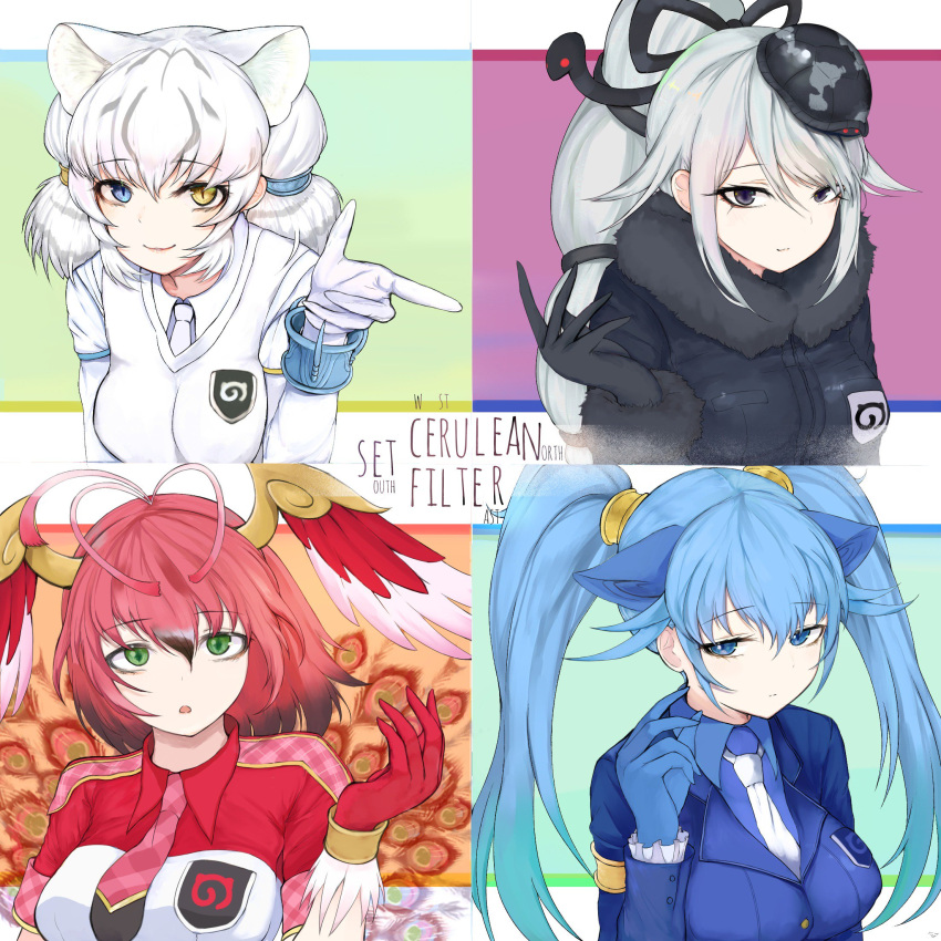 4girls :o ahoge animal_ears black_eyes black_gloves blue_eyes blue_gloves blue_hair blue_suit bracelet breast_pocket brown_hair byakko_(kemono_friends) commentary dnsdltkfkd english expressionless extra_ears eyebrows_visible_through_hair fur_collar fur_trim genbu_(kemono_friends) gloves green_eyes hair_between_eyes hair_ornament hair_tubes hand_up head_wings heterochromia highres japari_symbol jewelry kemono_friends long_hair looking_at_viewer medium_hair multicolored_hair multiple_girls necktie plaid_neckwear pocket pointing ponytail red_gloves redhead seiryuu_(kemono_friends) shishin_(kemono_friends) silver_hair smile snake_hair_ornament suzaku_(kemono_friends) symbol_commentary tiger_ears turtle_shell twintails upper_body white_gloves white_hair white_neckwear yellow_eyes