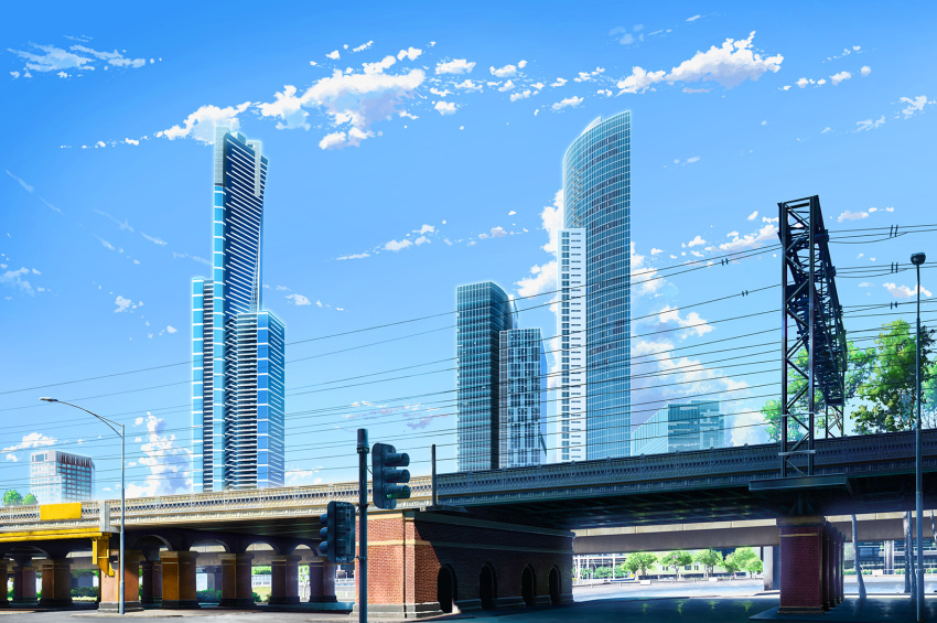 bridge city clouds day highres lamppost no_humans original outdoors power_lines scenery sky solafin traffic_light tree