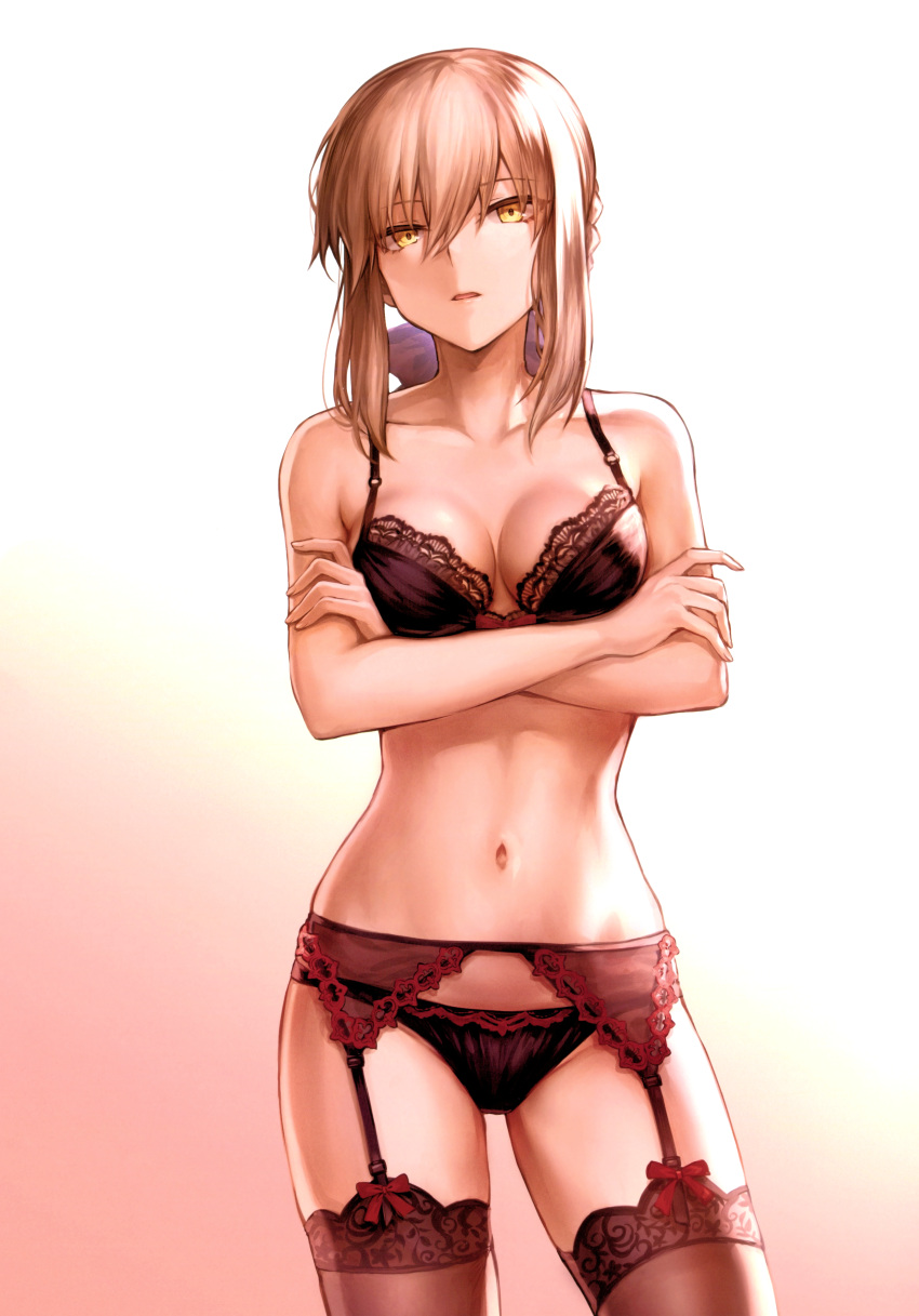1girl absurdres artoria_pendragon_(all) bangs bare_shoulders black_panties blonde_hair blue_bow bow bra braid breasts cleavage collarbone crossed_arms eyebrows_visible_through_hair fate/grand_order fate_(series) fingernails french_braid garter_belt garter_straps hair_bun hair_intakes highres lace lace_bra lingerie looking_at_viewer mashu_003 medium_breasts navel panties red_bow saber_alter scan shiny shiny_skin sidelocks solo stomach thigh-highs underwear yellow_eyes