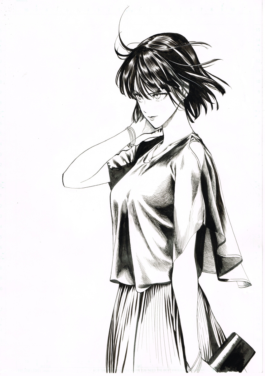 1girl absurdres bracelet breasts cowboy_shot earrings from_side fubuki_(one-punch_man) greyscale highres jewelry medium_breasts monochrome murata_yuusuke one-punch_man pleated_skirt shirt skirt smile solo stud_earrings traditional_media wallet white_background wide_sleeves