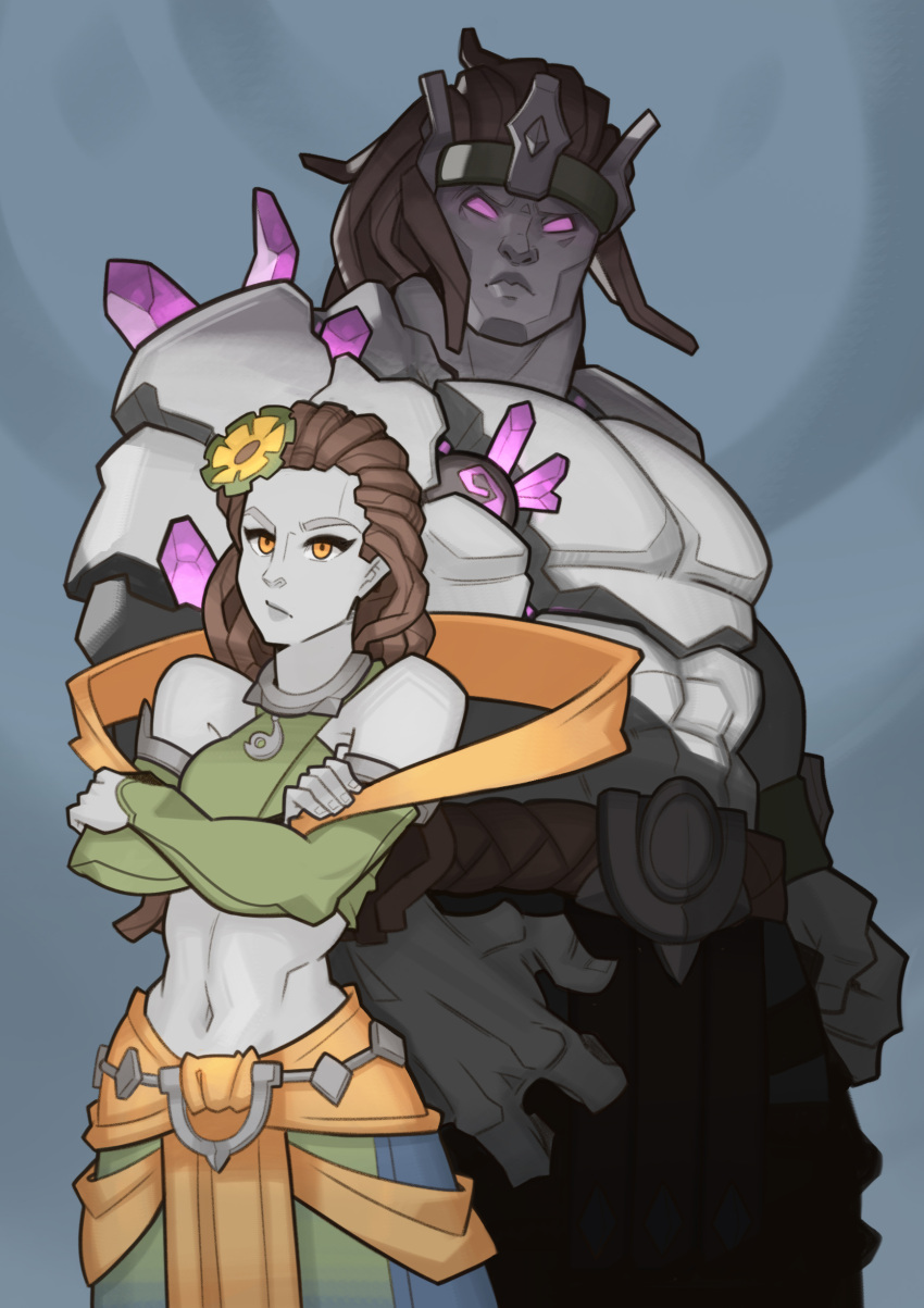 1boy 1girl absurdres bare_shoulders belt brown_hair circlet crossed_arms crystal flower green_hair hair_flower hair_ornament hairlocs highres inara_(paladins) jewelry long_hair midriff multicolored_hair muscle paladins shawl size_difference splashbrush terminus_(paladins) two-tone_hair violet_eyes yellow_eyes