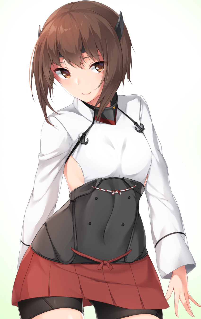 1girl absurdres bike_shorts brown_eyes brown_hair contrapposto cowboy_shot flat_chest headband headgear highres hinacalibur kantai_collection looking_at_viewer pleated_skirt red_skirt short_hair simple_background skirt smile solo taihou_(kantai_collection) white_background
