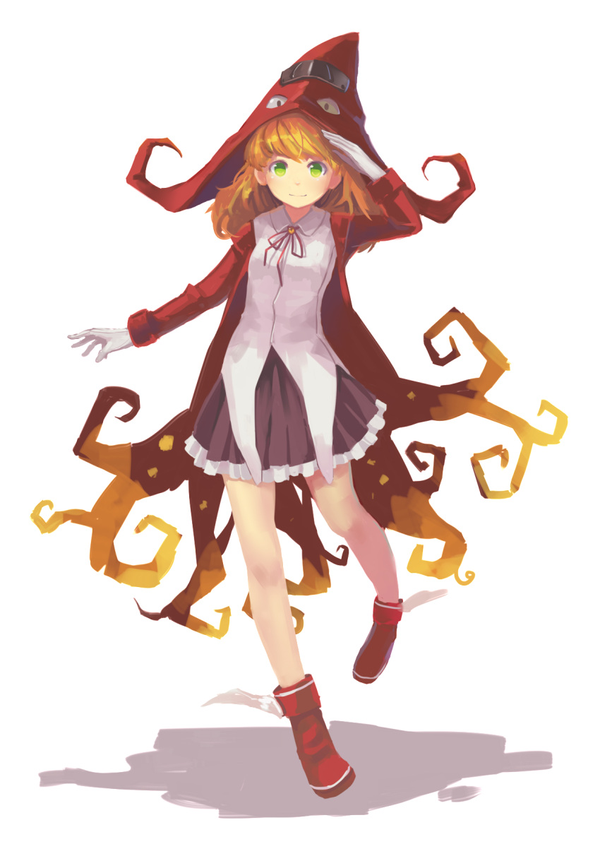 1girl animal_hood bangs black_skirt blonde_hair blouse coat ears full_body gloves green_eyes hat highres hood living_clothes long_coat long_hair long_sleeves looking_at_viewer neck_ribbon original outstretched_arm pleated_skirt red_coat red_footwear ribbon running salute skirt solo squid_costume squid_hat virgosdf white_background white_blouse white_gloves witch