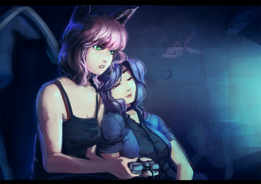 1girl abigail_(stardew_valley) black_choker black_shirt blue_shirt breasts camisole choker cleavage closed_eyes closed_mouth commentary dark_room fish green_eyes holding_controller long_hair medium_breasts parted_lips purple_hair quizzicalkisses shirt short_hair sleeping sleeping_on_person sleeping_upright solo stardew_valley