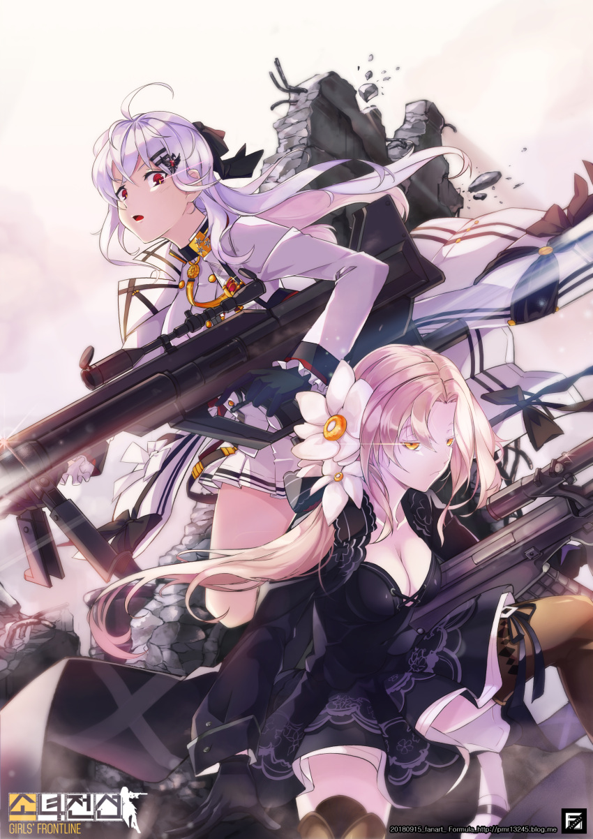 absurdres anti-materiel_rifle assault_rifle bangs black_dress black_gloves blush boots bow breasts brown_footwear bullpup cleavage closed_mouth collarbone dress expressionless eyebrows_visible_through_hair floating_hair flower girls_frontline gloves gun hair_between_eyes hair_flower hair_ornament hair_ribbon hairclip highres holding holding_gun holding_weapon iws-2000_(girls_frontline) jacket logo long_hair long_sleeves looking_at_viewer military military_uniform mole mole_under_eye one_knee orange_eyes pleated_skirt pomu_(formula) red_eyes ribbon rifle shirt sidelocks silver_hair skirt sniper_rifle steyr_aug steyr_aug_(girls_frontline) steyr_iws_2000 thigh-highs thigh_boots thighs trigger_discipline tsurime uniform watermark weapon web_address wind wind_lift