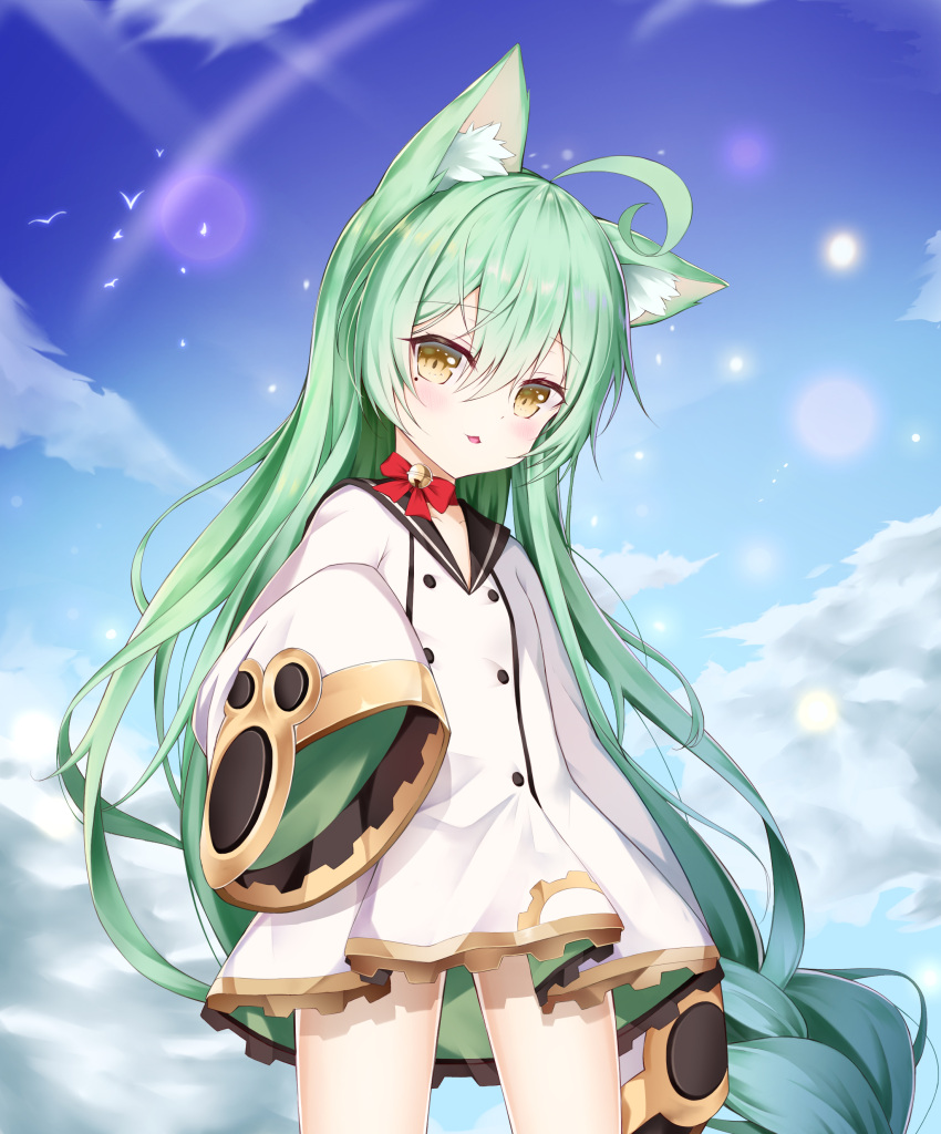 1girl absurdres ahoge akashi_(azur_lane) animal_ear_fluff animal_ears azur_lane bangs bell black_sailor_collar blue_sky blush bow braid brown_eyes cat_ears clouds collarbone commentary_request day dress eyebrows_visible_through_hair green_hair hair_between_eyes head_tilt highres jingle_bell long_hair long_sleeves looking_at_viewer outdoors parted_lips red_bow sailor_collar sailor_dress shalsqk sky sleeves_past_fingers sleeves_past_wrists solo standing very_long_hair white_dress wide_sleeves
