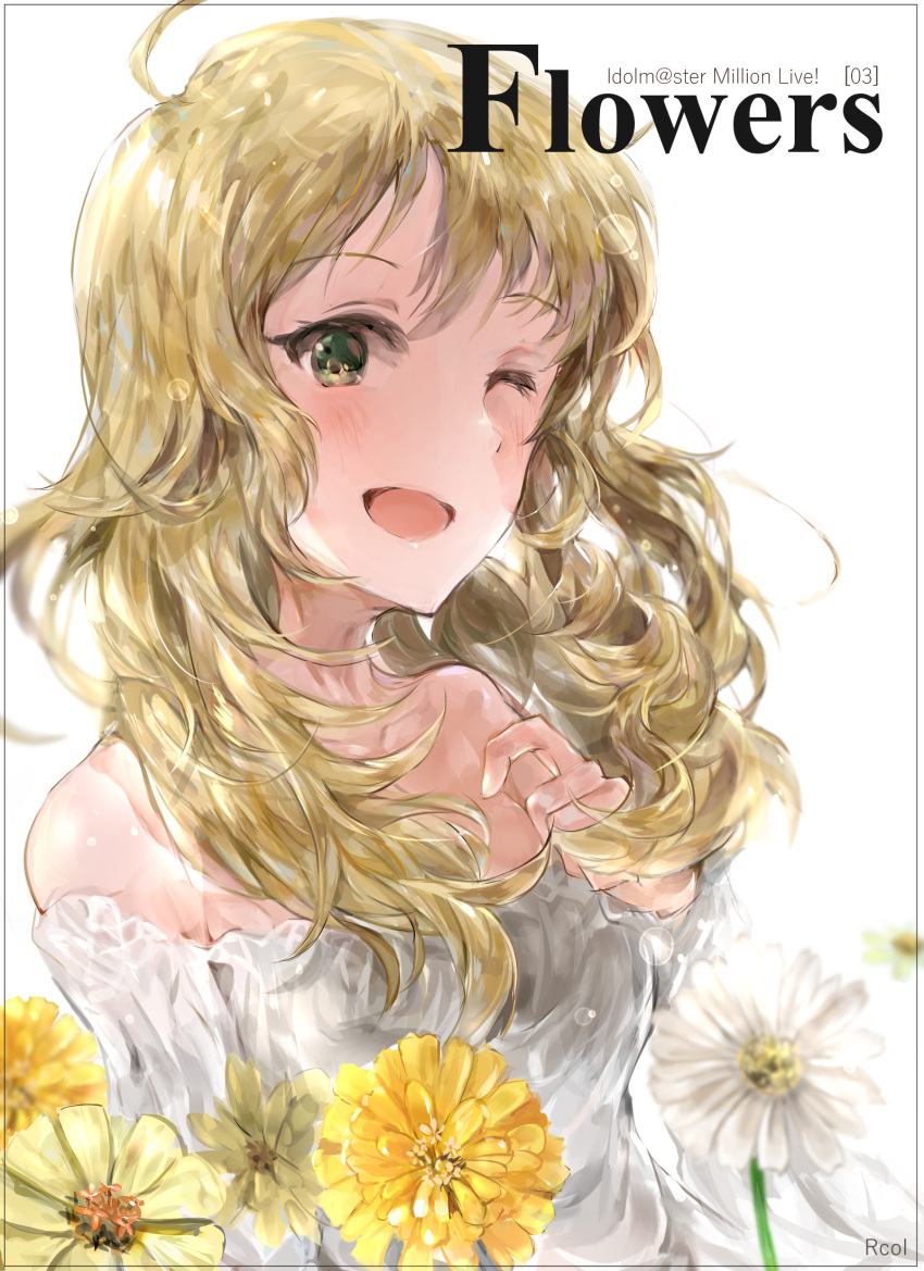 1girl ;d ahoge blonde_hair chan1moon collarbone copyright_name detached_sleeves dress flower green_eyes hair_between_eyes highres hoshii_miki idolmaster idolmaster_million_live! idolmaster_million_live!_theater_days long_hair looking_at_viewer one_eye_closed open_mouth sleeveless sleeveless_dress smile solo strapless strapless_dress upper_body white_dress white_flower yellow_flower