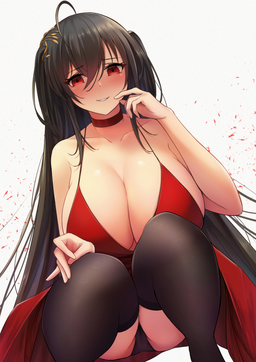 1girl ahoge alternate_costume armpit_crease ass azur_lane bangs bare_shoulders black_hair black_legwear black_panties blush breasts choker cleavage collarbone dress eyebrows_visible_through_hair finger_to_face fou_zi from_below hair_between_eyes hair_ornament hand_on_own_knee hand_up highres huge_breasts long_hair looking_at_viewer no_nose panties parted_lips red_dress red_eyes sidelocks smile smirk solo squatting taihou_(azur_lane) thigh-highs thighs twintails underwear very_long_hair